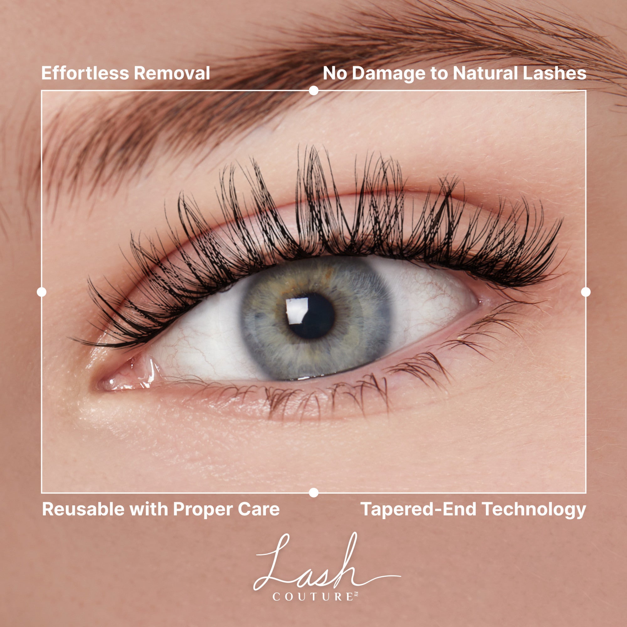 Close-up of an eye with long, full Russian Volume lash extensions, highlighting effortless removal, no damage to natural lashes, reusable with care, and tapered-end technology.