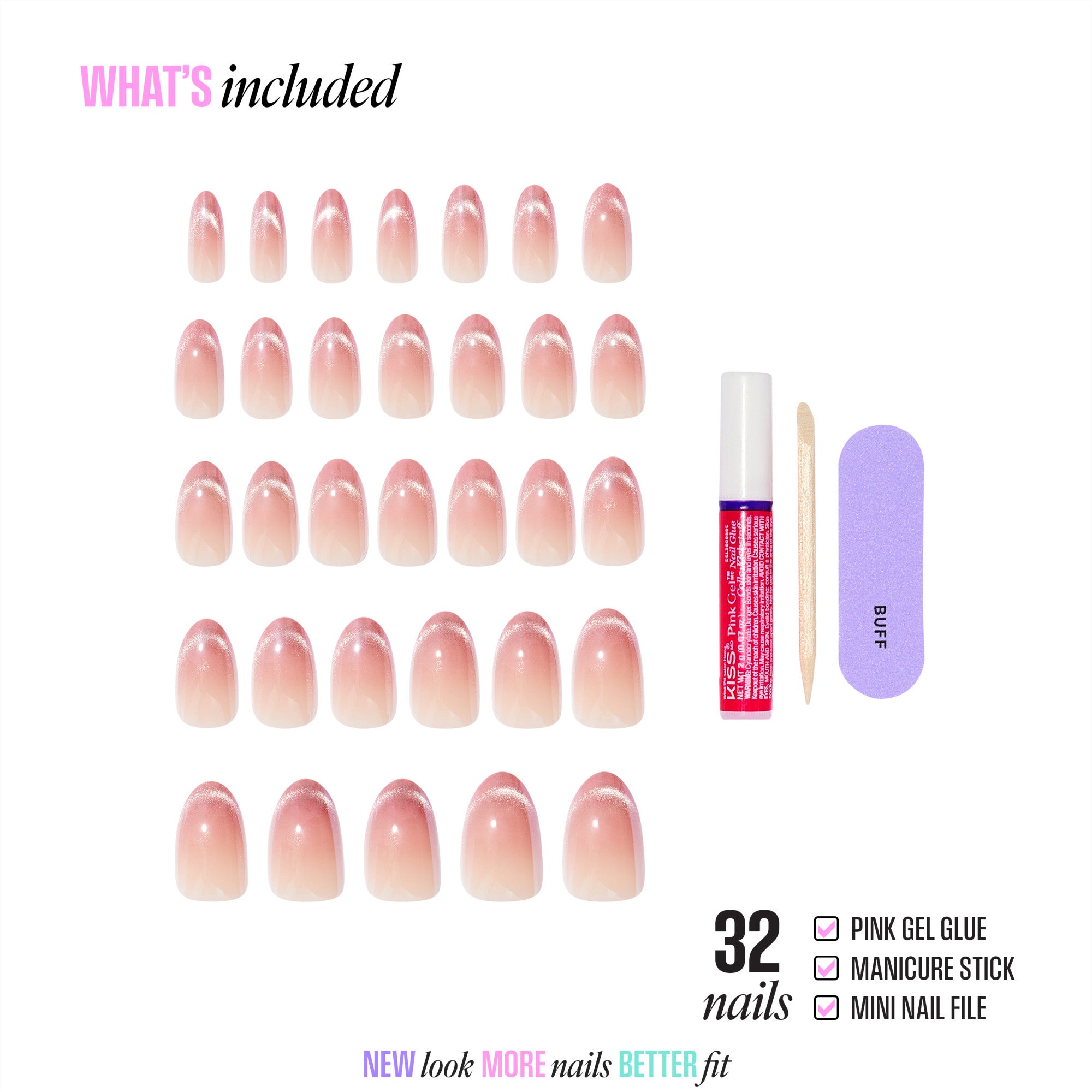 32 pink ombre press-on nails with gel glue, manicure stick, and nail file included.