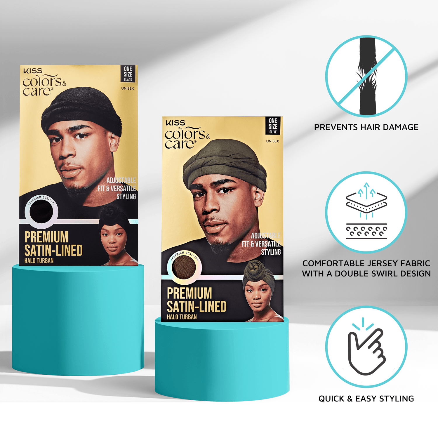 Two KISS Colors &amp; Care Premium Satin-Lined Halo Turban packages displayed on blue pedestals, showing black and olive turbans with claims: prevents hair damage, comfortable jersey fabric, and quick styling.