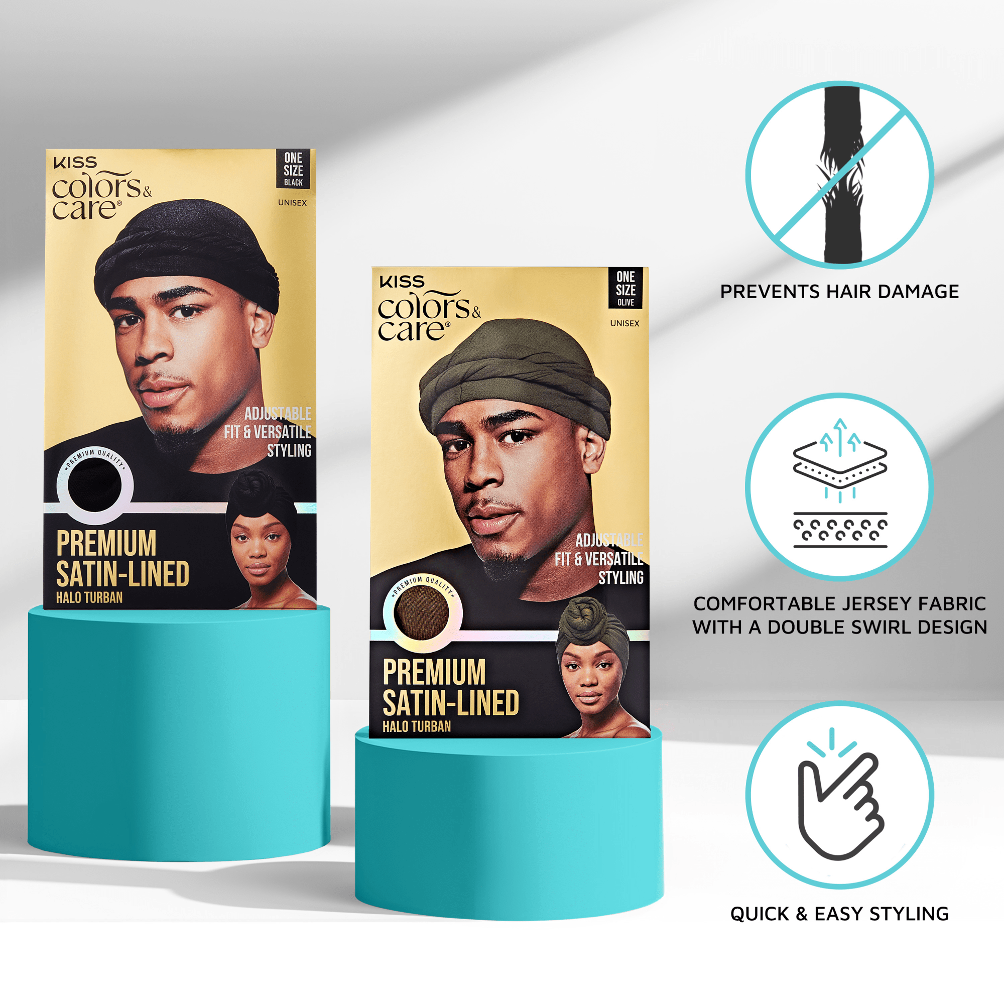 Two KISS Colors &amp; Care Premium Satin-Lined Halo Turban packages displayed on blue pedestals, showing black and olive turbans with claims: prevents hair damage, comfortable jersey fabric, and quick styling.
