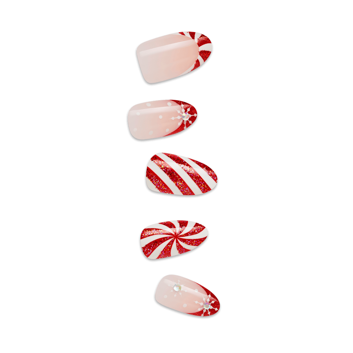 Impress Design Holiday No Glue Fake Press On Nails - Jingle Glow | French Design, Red &amp; White, Medium, Almond, Manicure