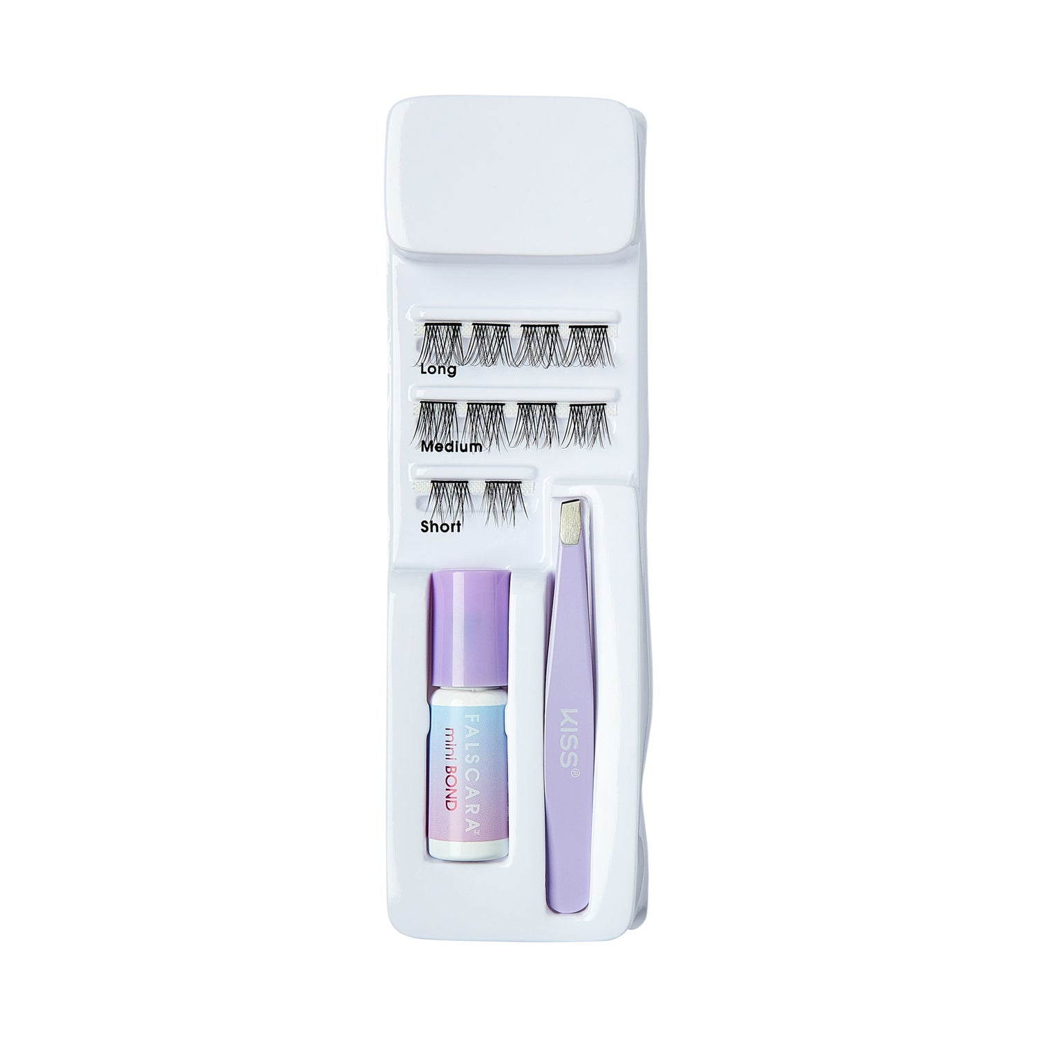 Compact eyelash kit with 10 false lash wisps in long, medium, and short lengths, purple-capped lash adhesive, and purple tweezers with \