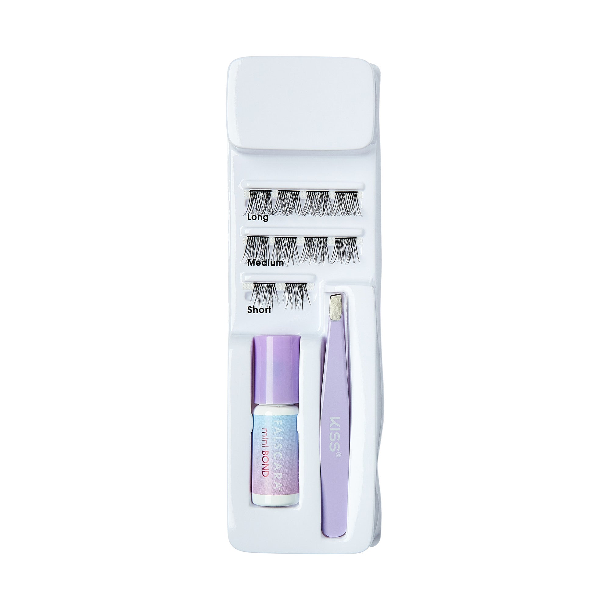 Compact eyelash kit with 10 false lash wisps in long, medium, and short lengths, purple-capped lash adhesive, and purple tweezers with \