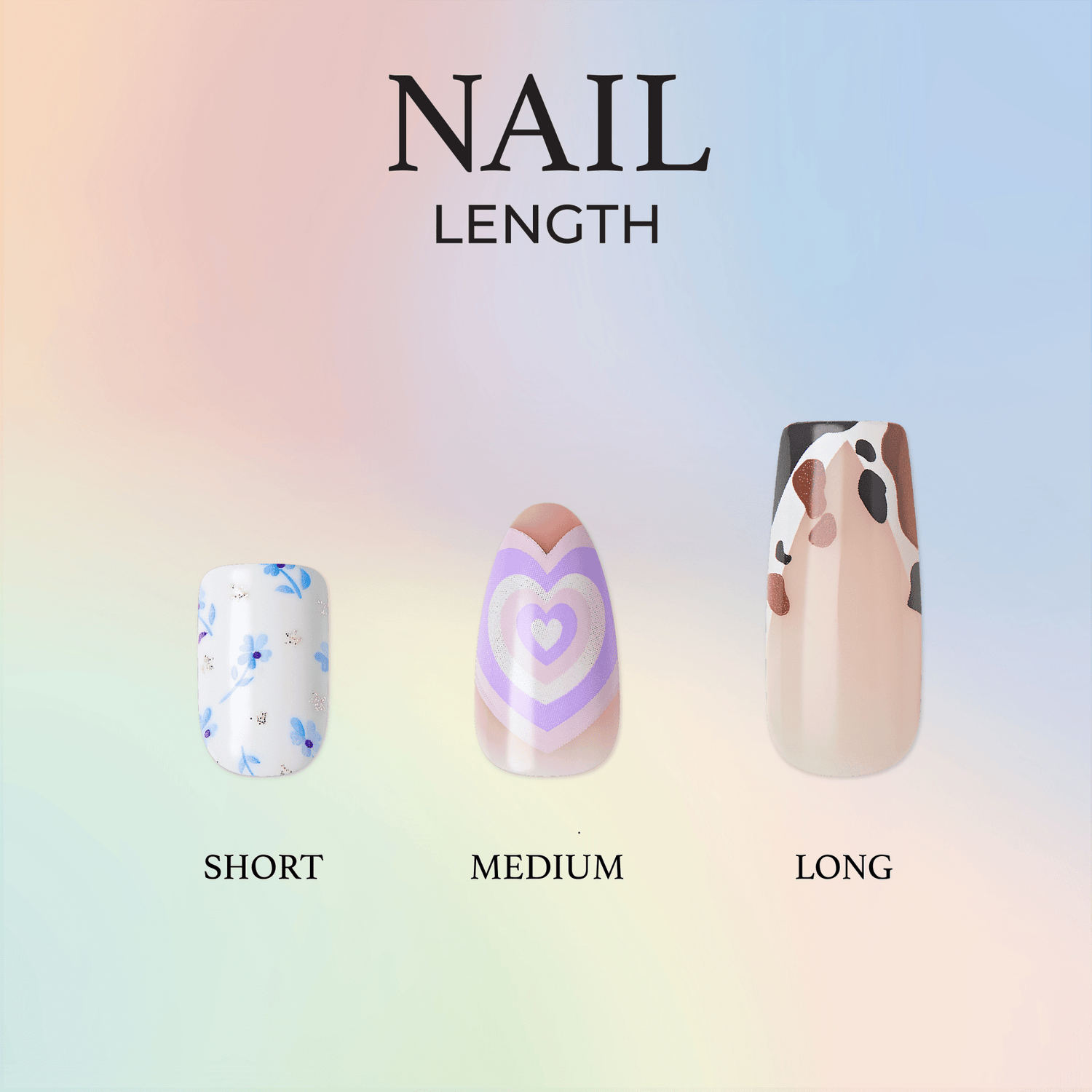 Three press-on nail samples displayed against a pastel gradient background, labeled \