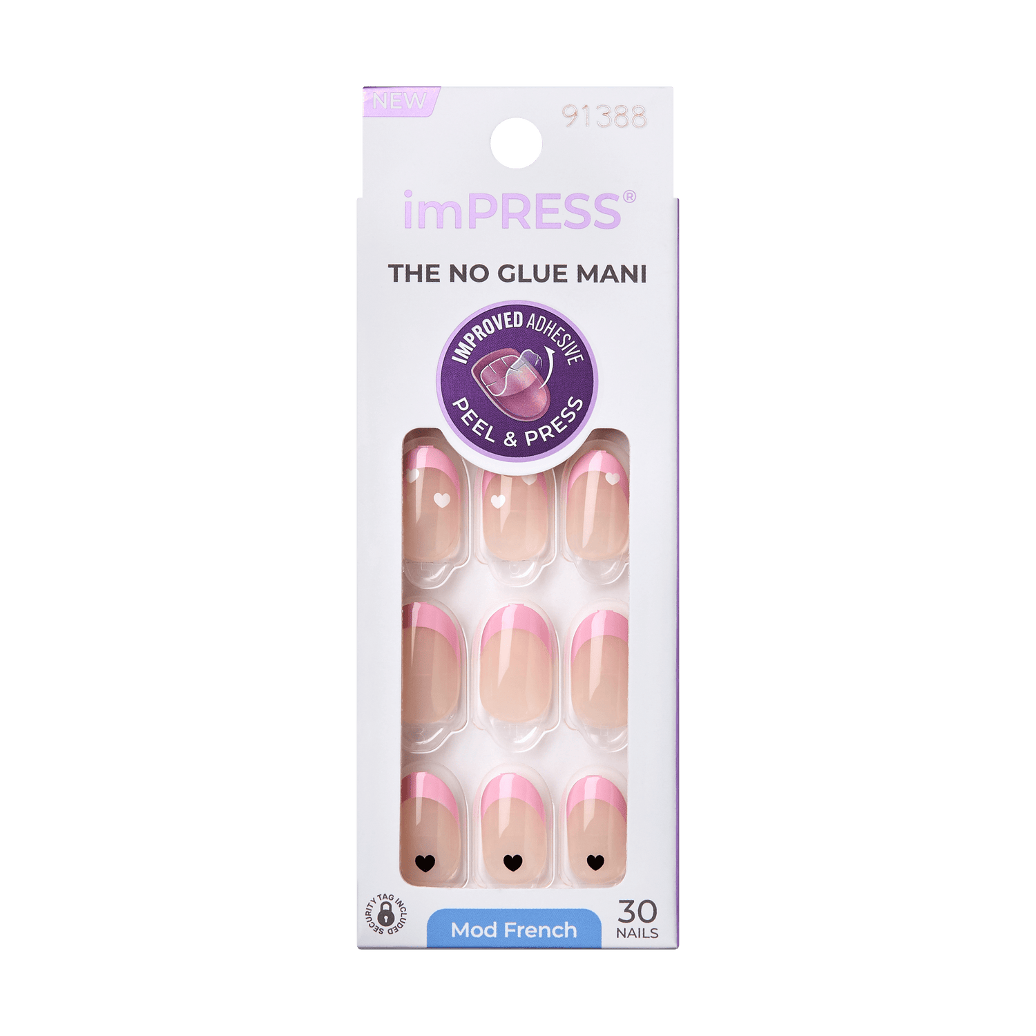 imPRESS French Press On Nails in Ditto design, nude base with pink tips and small heart accents, 30 nails, no glue needed, peel and press application.