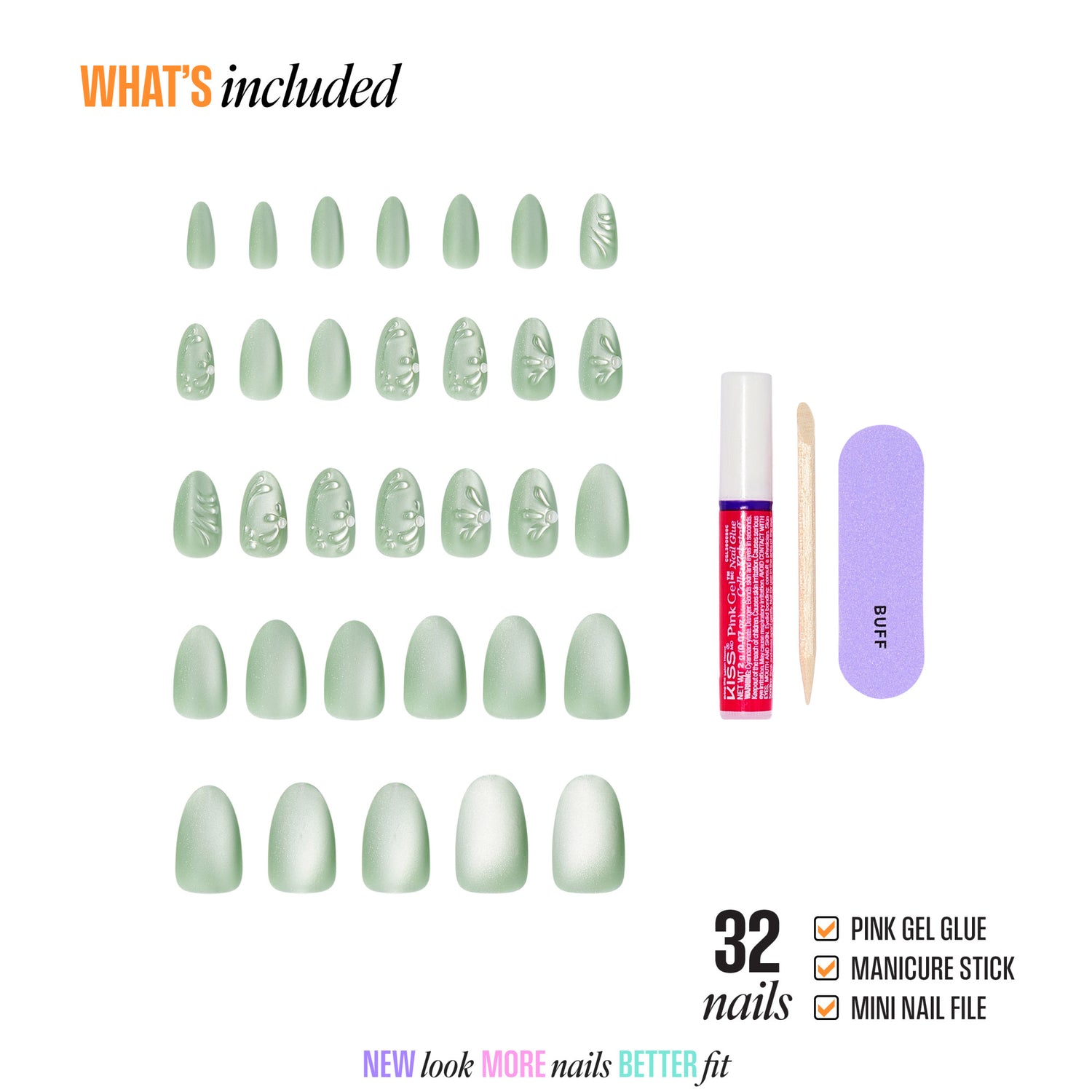 32 green press-on nails with designs, pink gel glue, manicure stick, and nail file included.