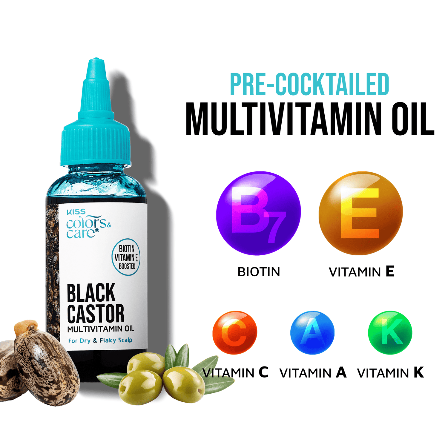 KISS Colors &amp; Care Black Castor Multivitamin Oil bottle with castor seeds and olives; highlights pre-cocktailed vitamins B7, E, C, A, and K for dry, flaky scalp.