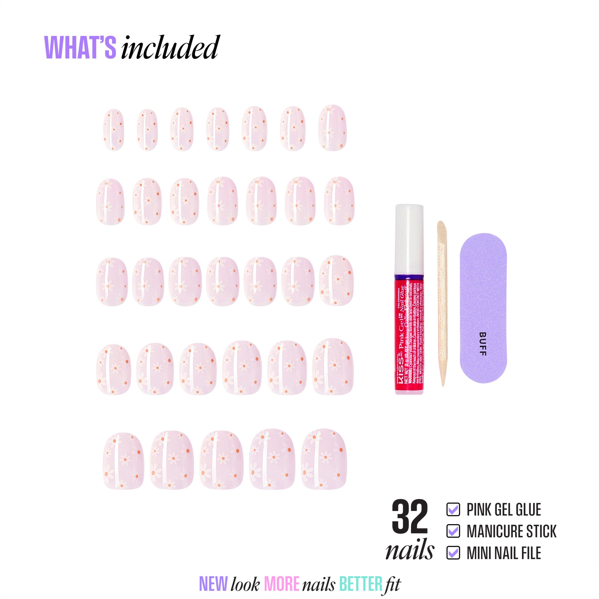 32 pink gel press-on nails with gold dots, gel glue, manicure stick, and nail file included.