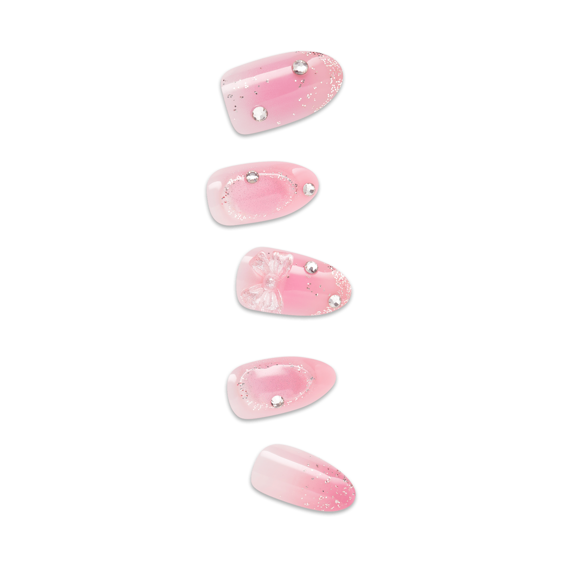 Five pink gel nail polish swatches with glitter and rhinestone embellishments.