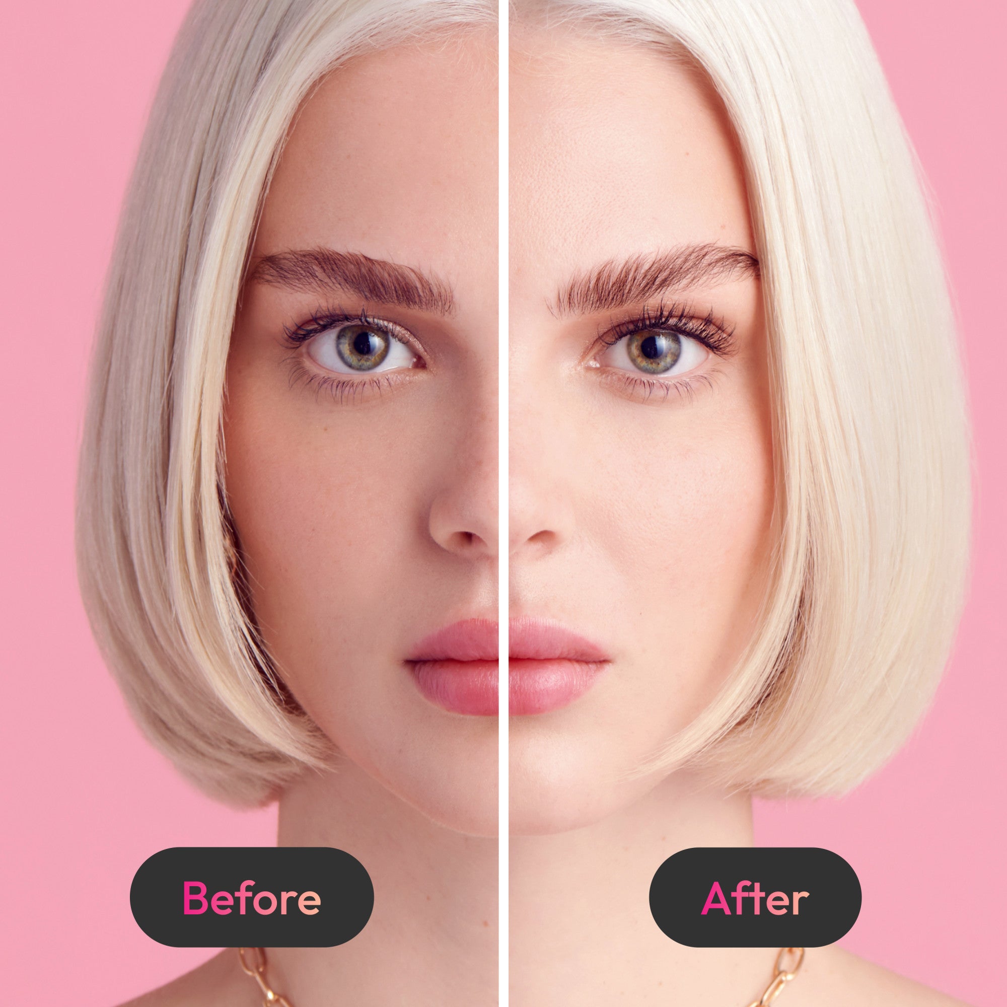 Split close-up of a blonde woman’s face against a pink background showing before and after effects on eyelashes; the after side has fuller, longer lashes labeled \