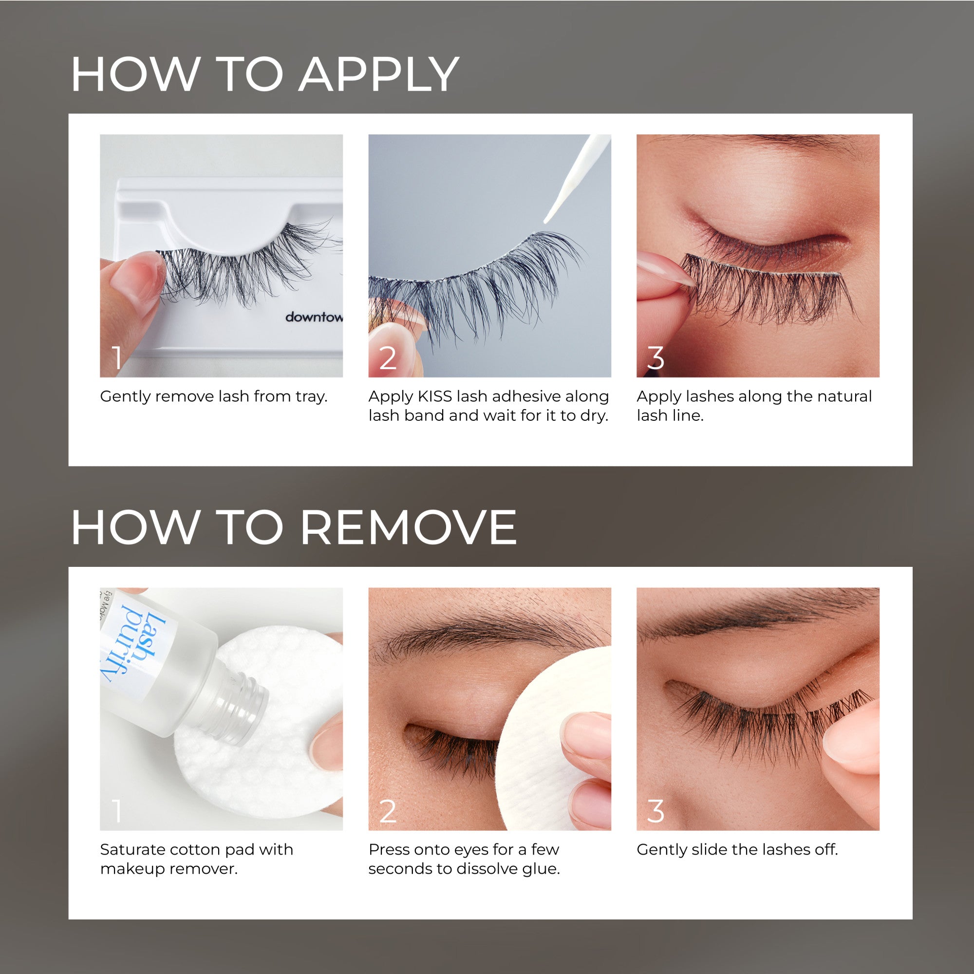 Instructions for KISS Lash Couture Triple Push-Up Babydoll lashes, showing step-by-step how to apply lashes from tray, apply adhesive, and place along lash line; how to remove using saturated cotton pad, pressing on eyes, and gently sliding lashes off.