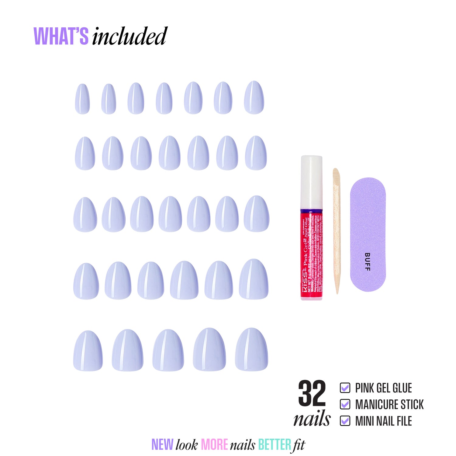 BUFF press-on nails kit with 32 nails, gel glue, manicure stick, and file.
