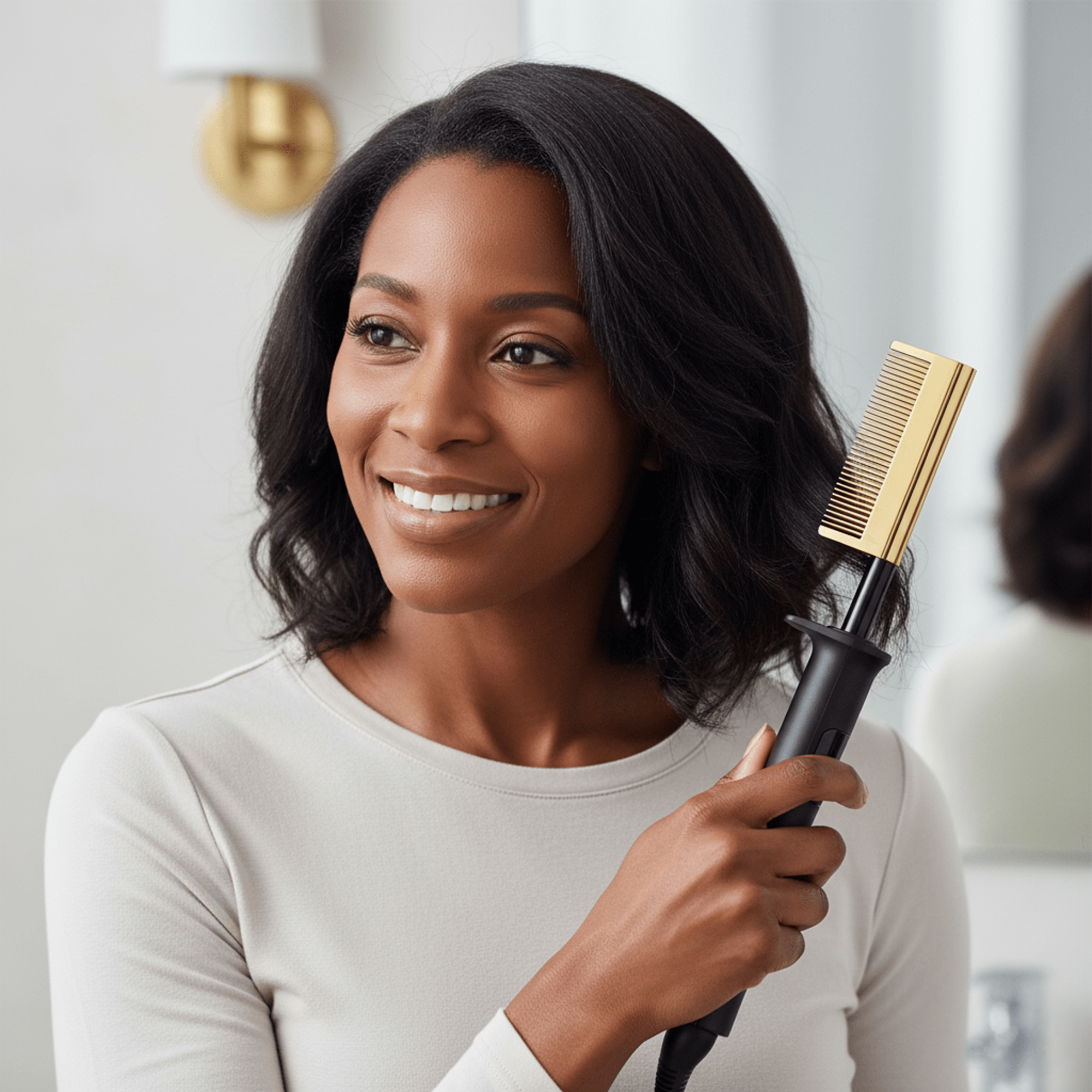 Woman with medium-length black hair smiling while holding a black and gold KISS Professional Pressing Comb near her hair in a bright, modern bathroom.