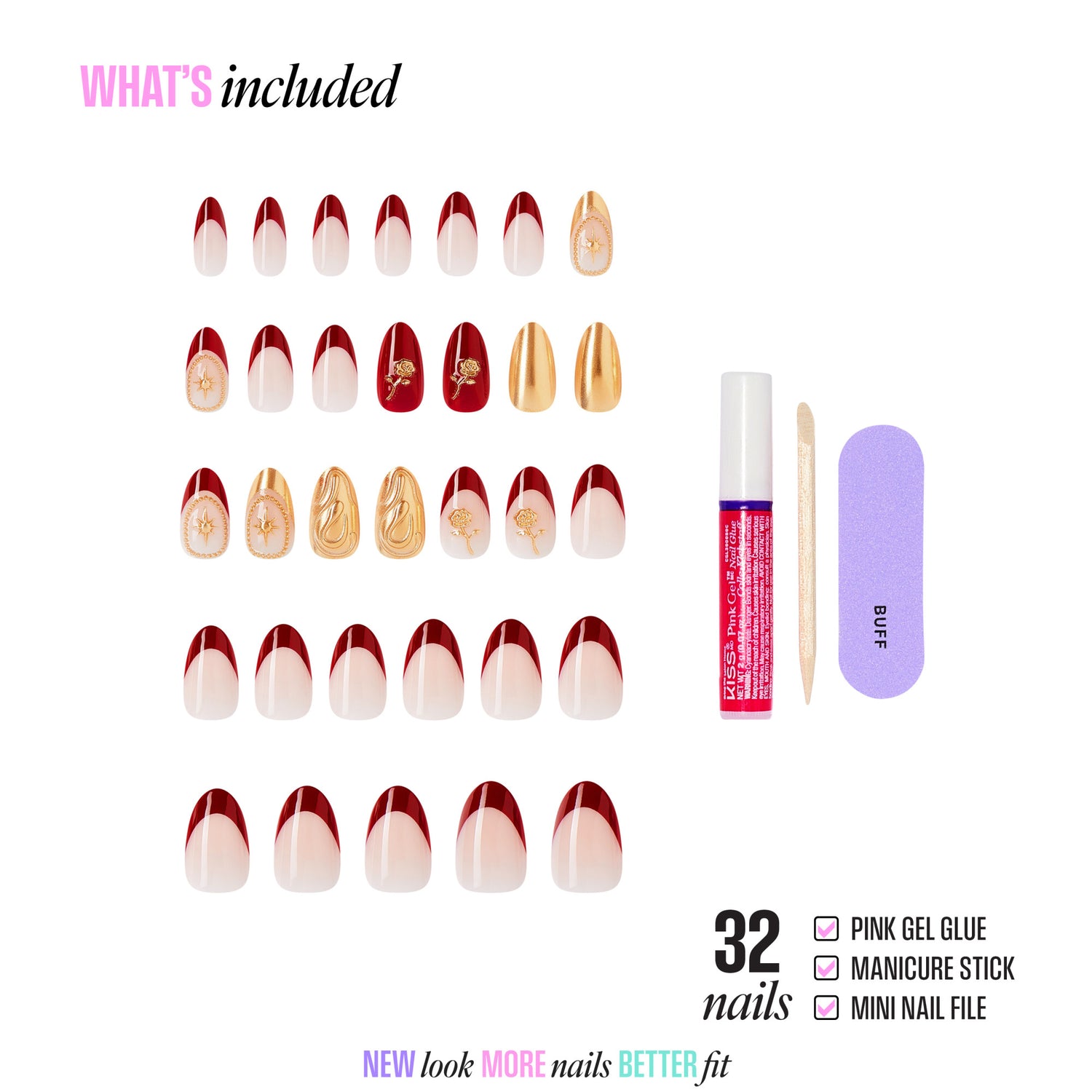 Kiss Glam 3D &amp; Jeweled Press On Fake Glue Nails - Weekend | 3D &amp; Jewel Design, Red, Medium, Almond