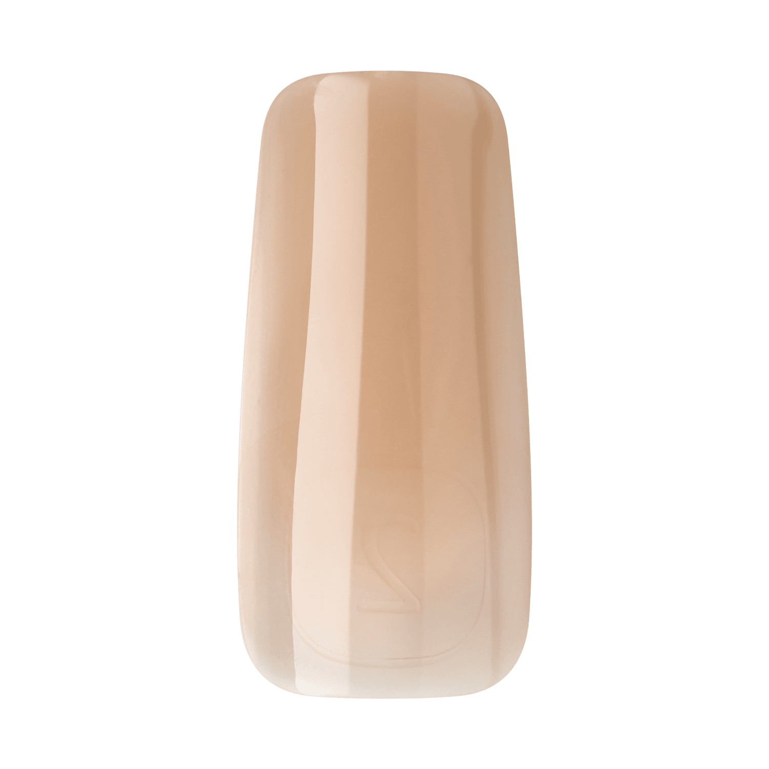 Single glossy press-on gel nail in a pale peachy nude shade with an oval-rectangular shape, displaying size number \