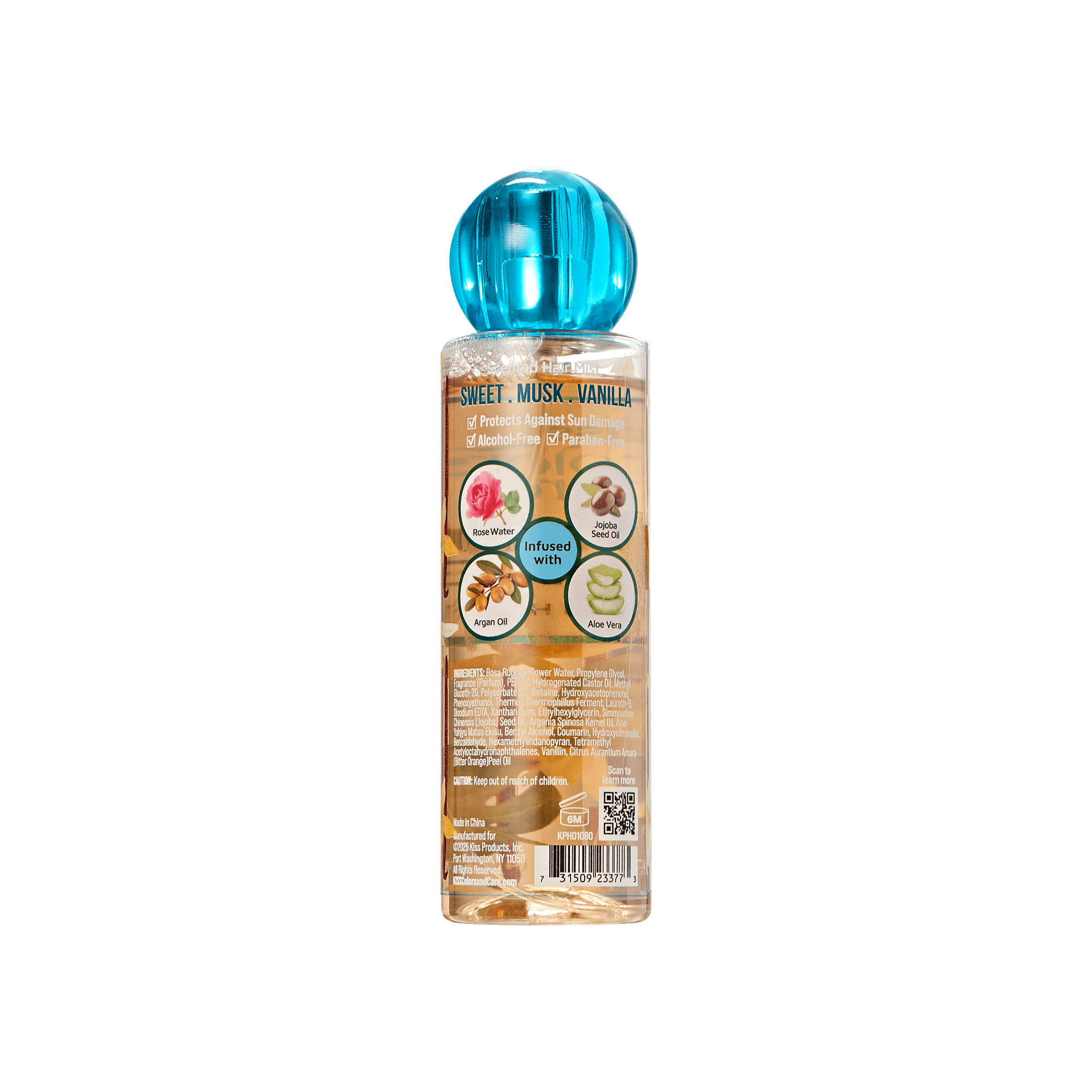 Clear 4 oz spray bottle with blue round cap shows KISS Colors &amp; Care Hair Veil Mist in Sugarcloud Mirage scent.