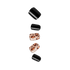 Five press-on nails displayed vertically, featuring glossy solid black and beige leopard print designs with brown and black spots.