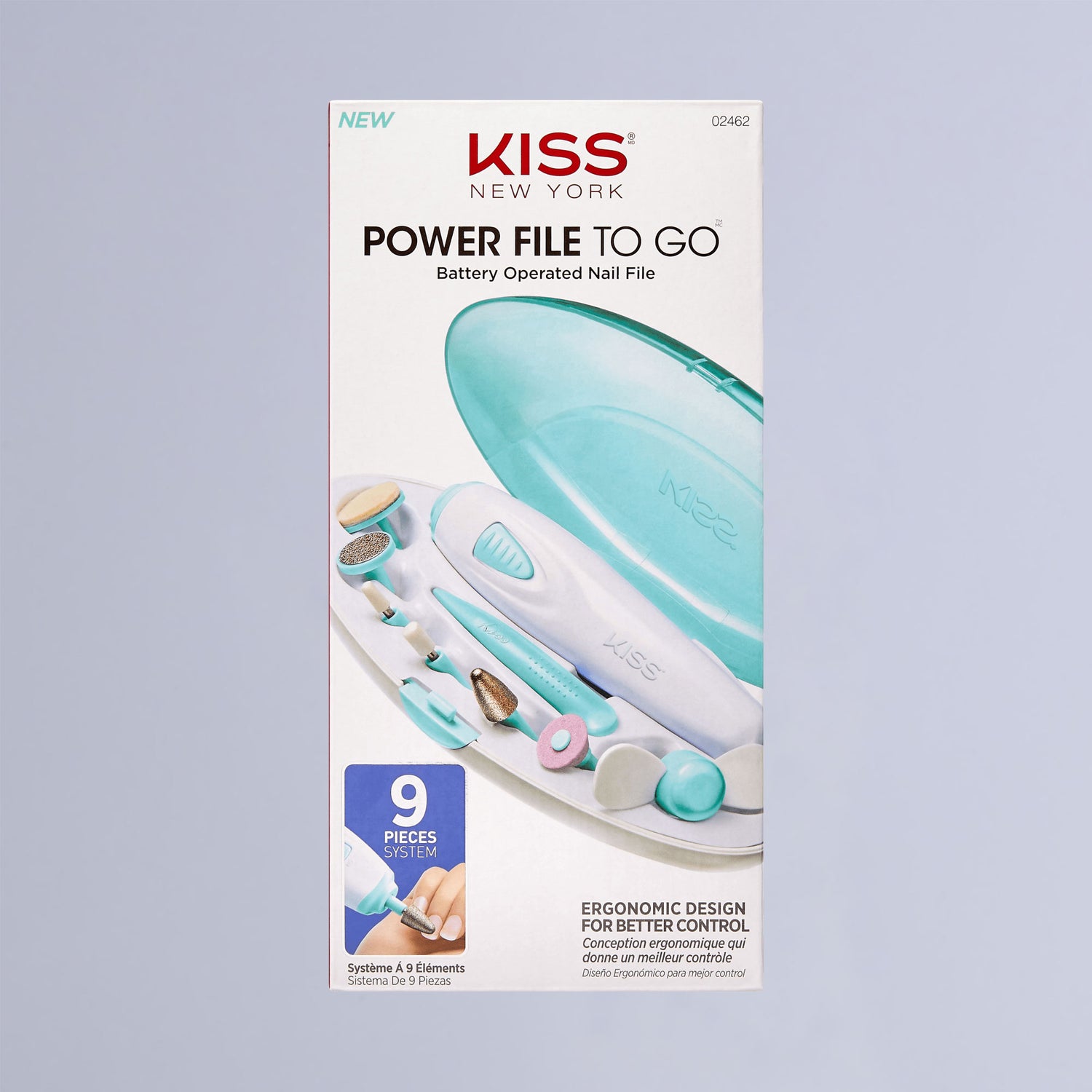 KISS New York Power File To Go battery-operated nail file kit with turquoise case, white and turquoise device, 9-piece system, ergonomic design for better control.