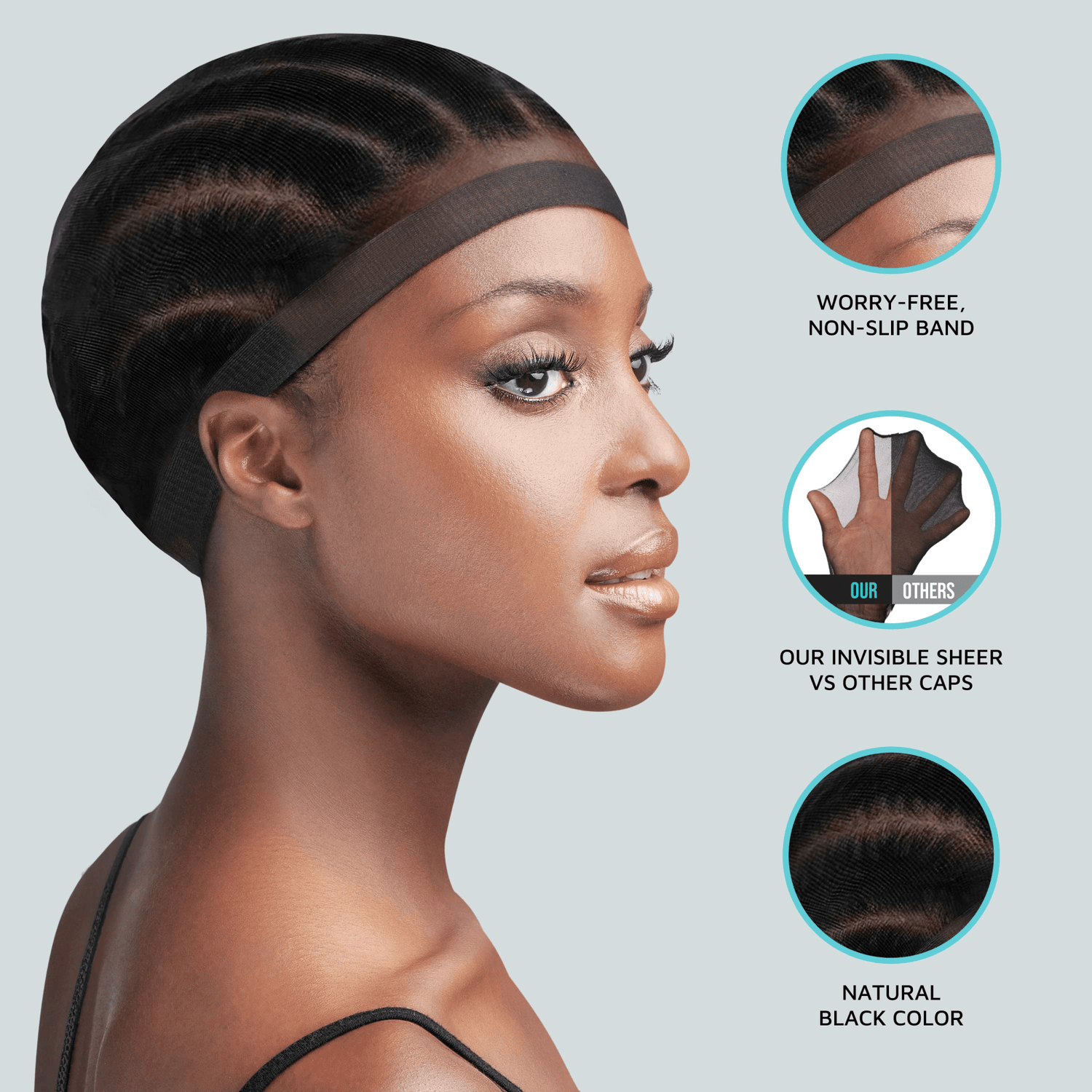 Woman wearing a black sheer wig cap with a non-slip band; highlights show the cap&