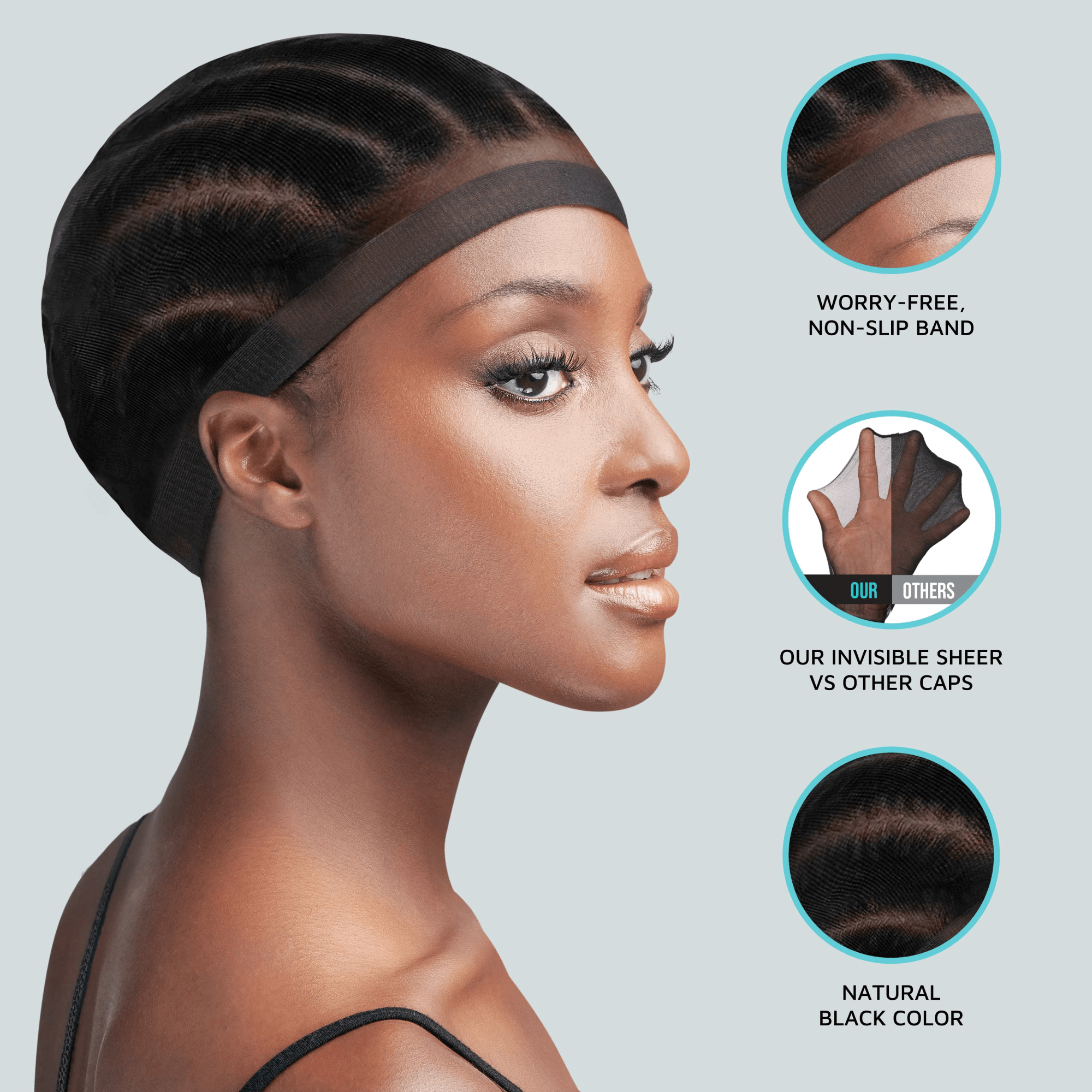 Woman wearing a black sheer wig cap with a non-slip band; highlights show the cap&
