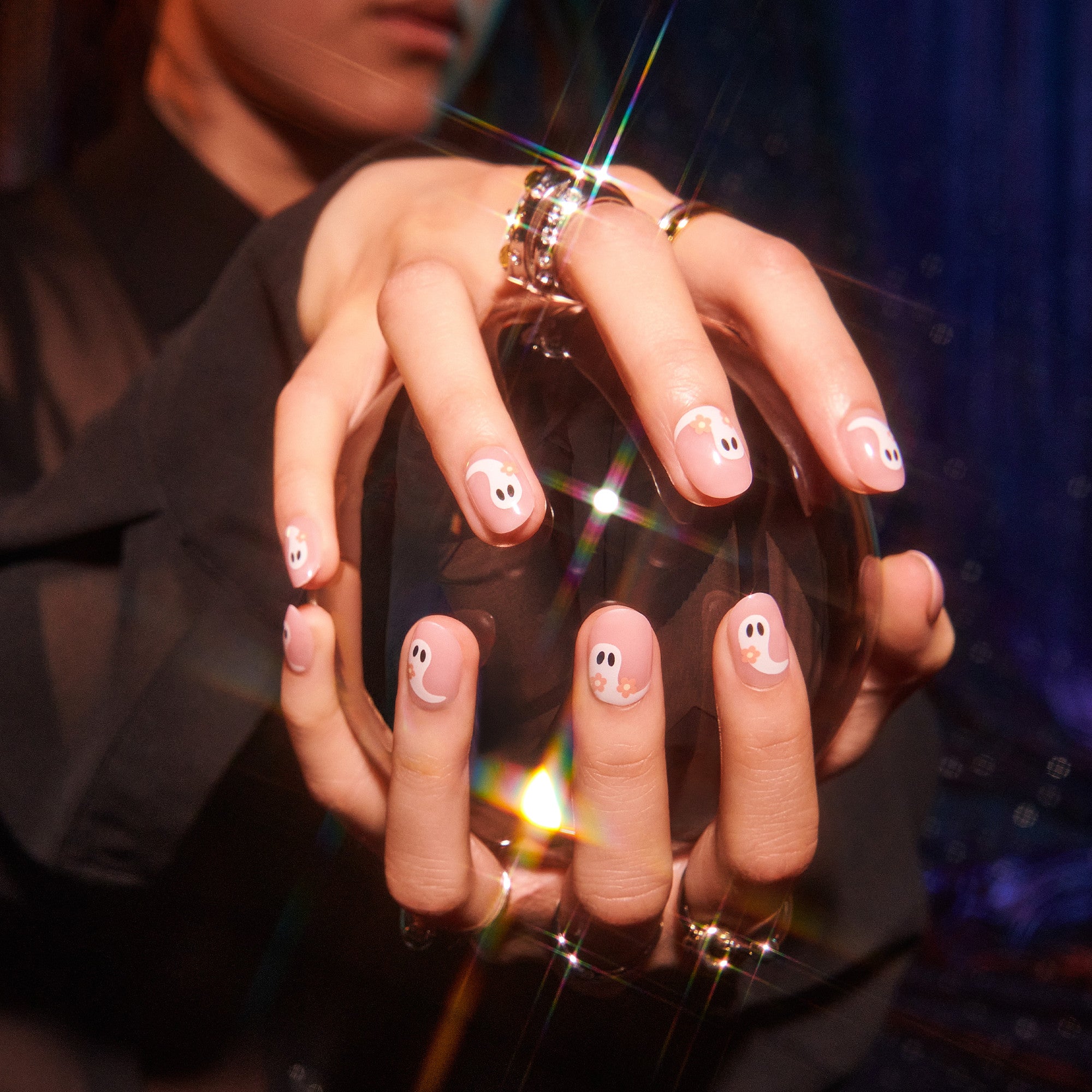Kiss Haunt Halloween Press On Fake Glue Nails - Cursed But Cute | Design, Pink, Short, Round, Glow In The Dark