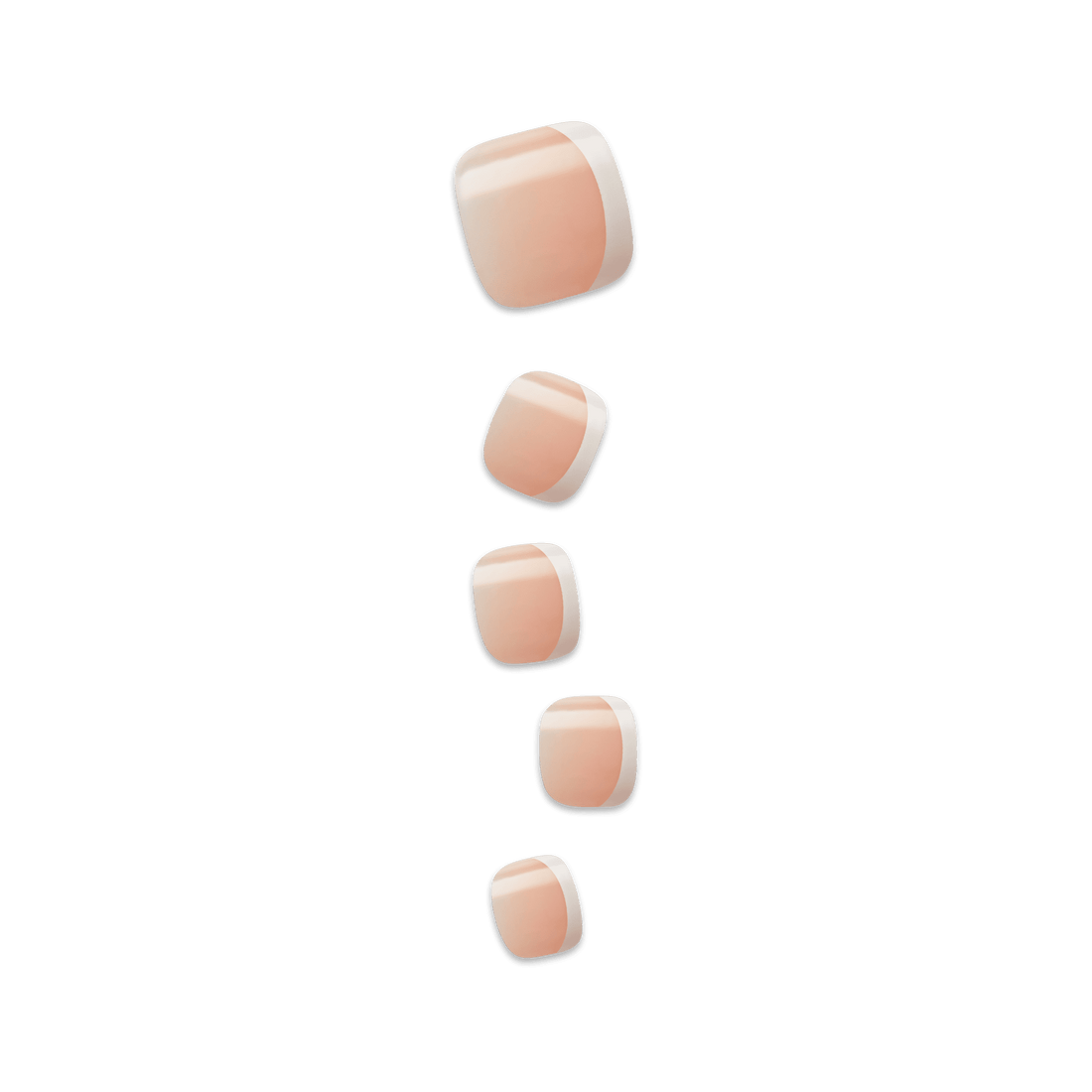 Five press-on pedicure nails in a soft blush pink shade with white tips, arranged vertically against a plain background.