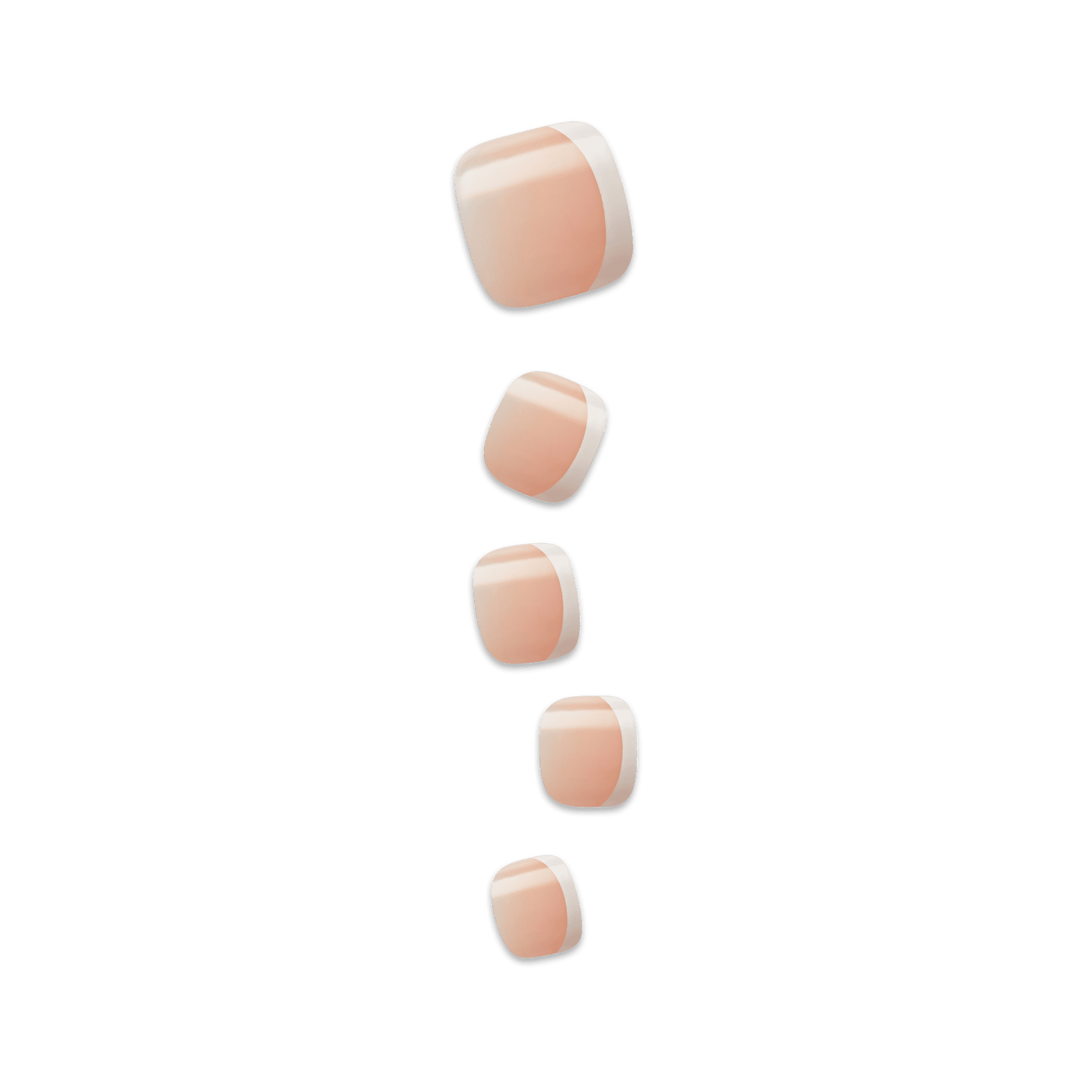 Five press-on pedicure nails in a soft blush pink shade with white tips, arranged vertically against a plain background.