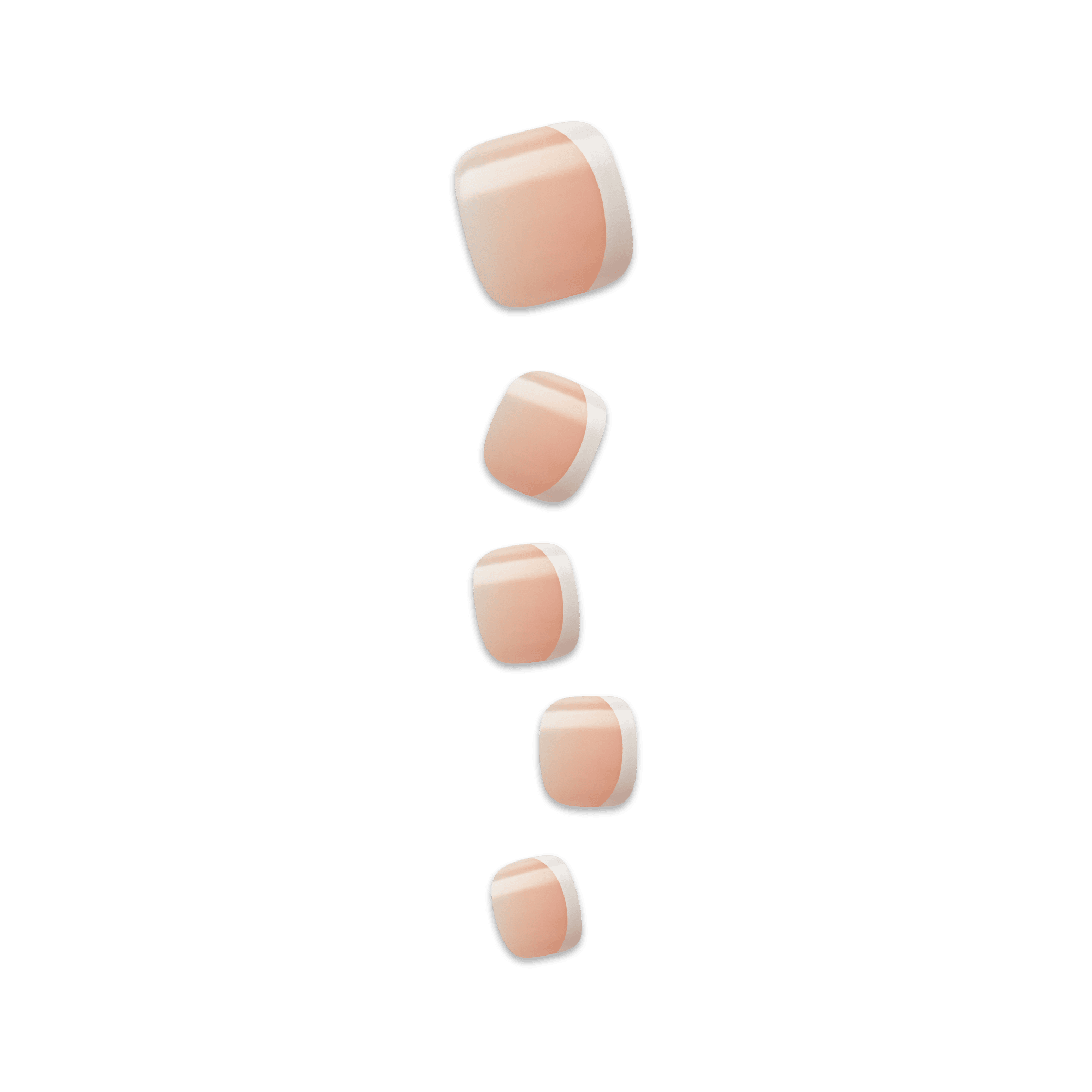 Five press-on pedicure nails in a soft blush pink shade with white tips, arranged vertically against a plain background.