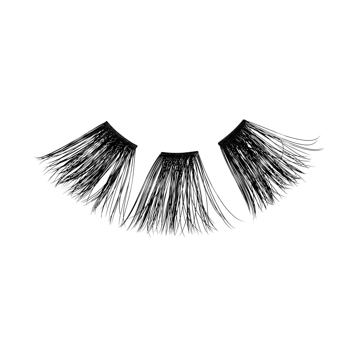 Three segments of black false eyelash wisps arranged in a slight curve on a white background, designed for extra drama with an 18mm length.