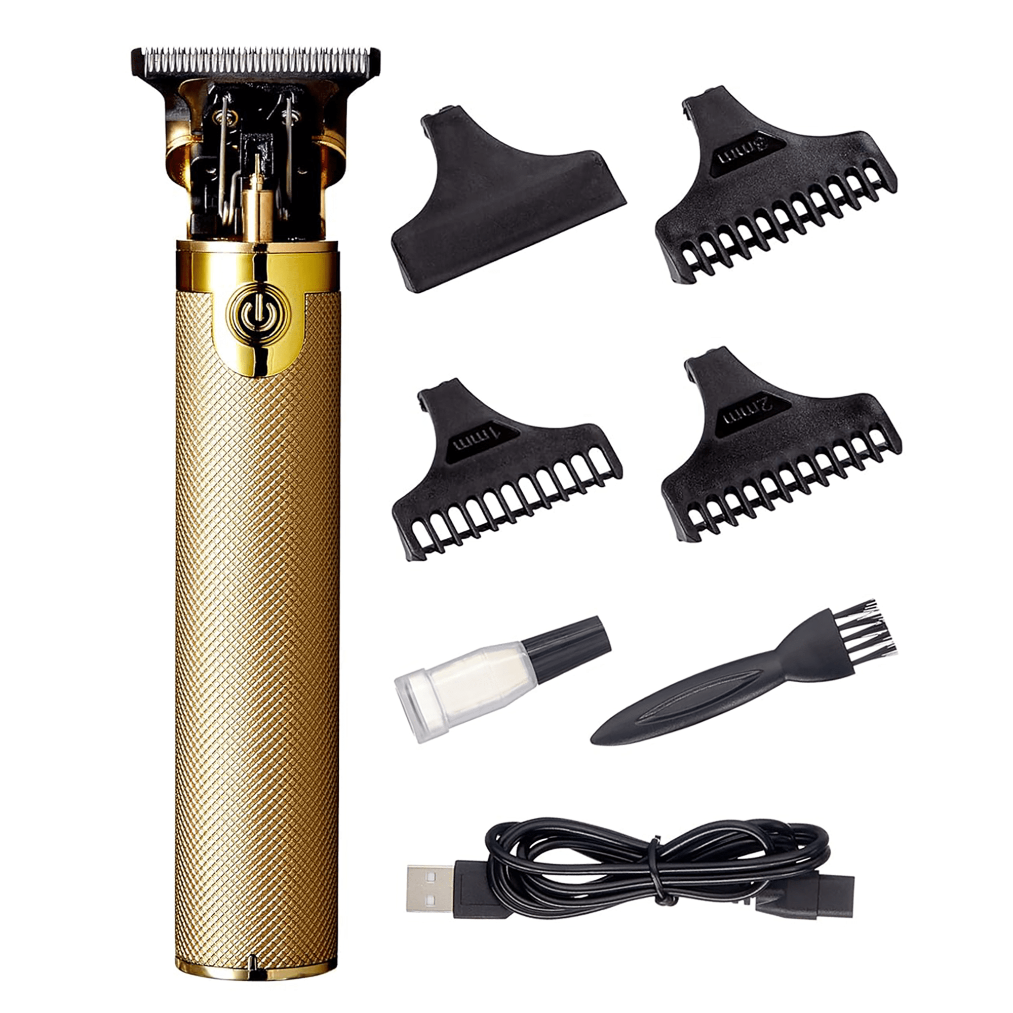 Gold cordless trimmer with textured grip and precision blade, four black plastic guide combs, cleaning brush, small oil bottle, and USB charging cable on white background.