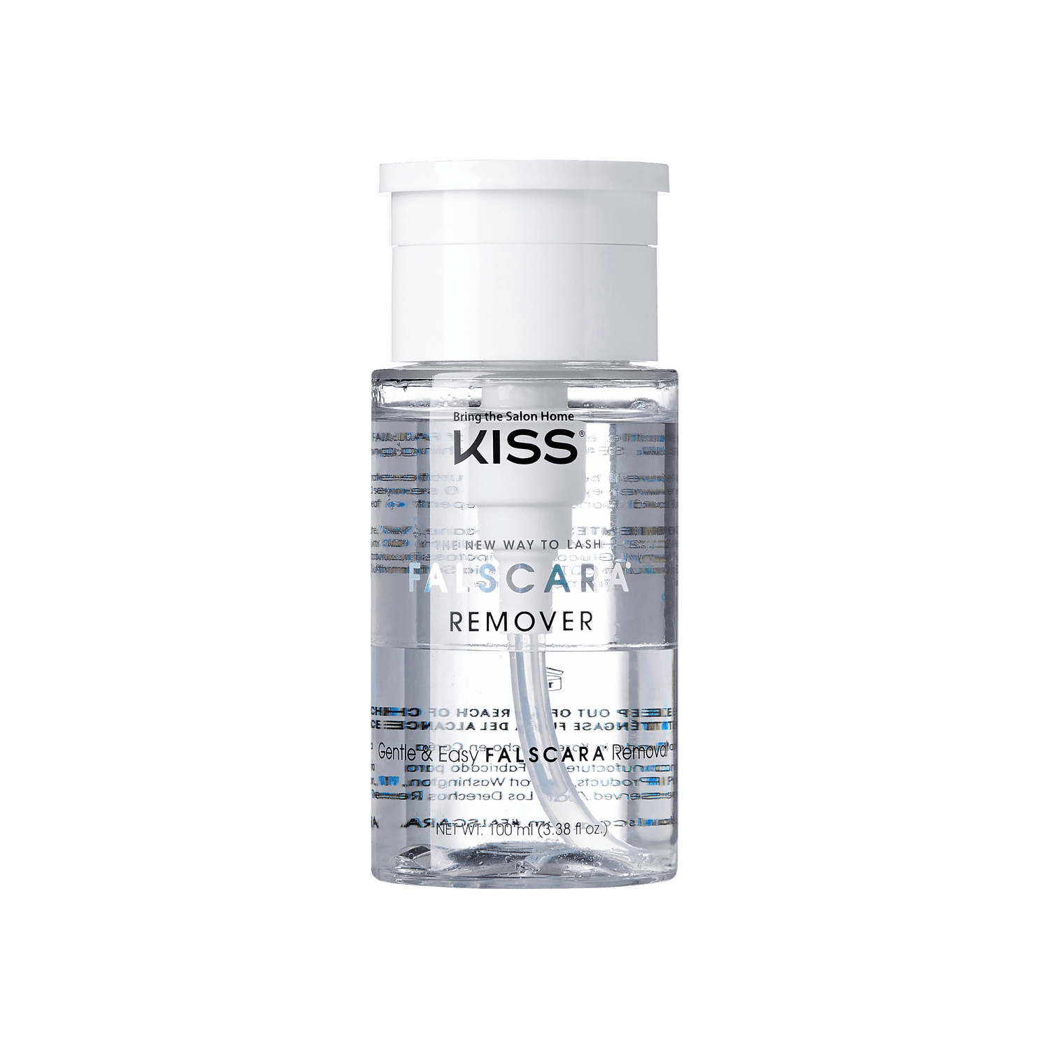 Clear plastic bottle with white cap containing KISS Falscara Remover for lashes, labeled as gentle and easy, with 100 ml (3.38 fl oz) jumbo size.