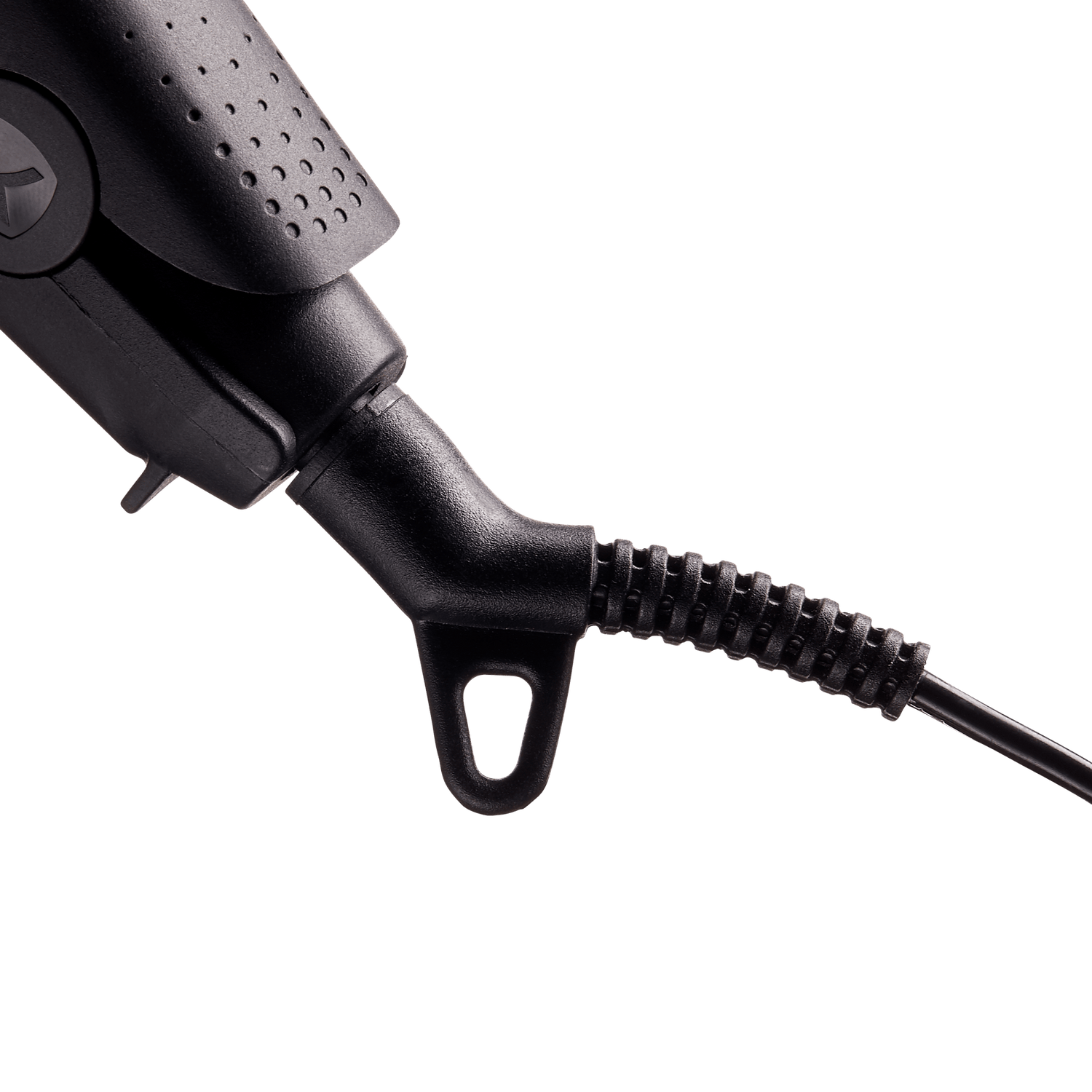Close-up view of the black flexible swivel cord and handle base of a KISS Nano Titanium Professional Flat Iron, featuring a textured grip area.