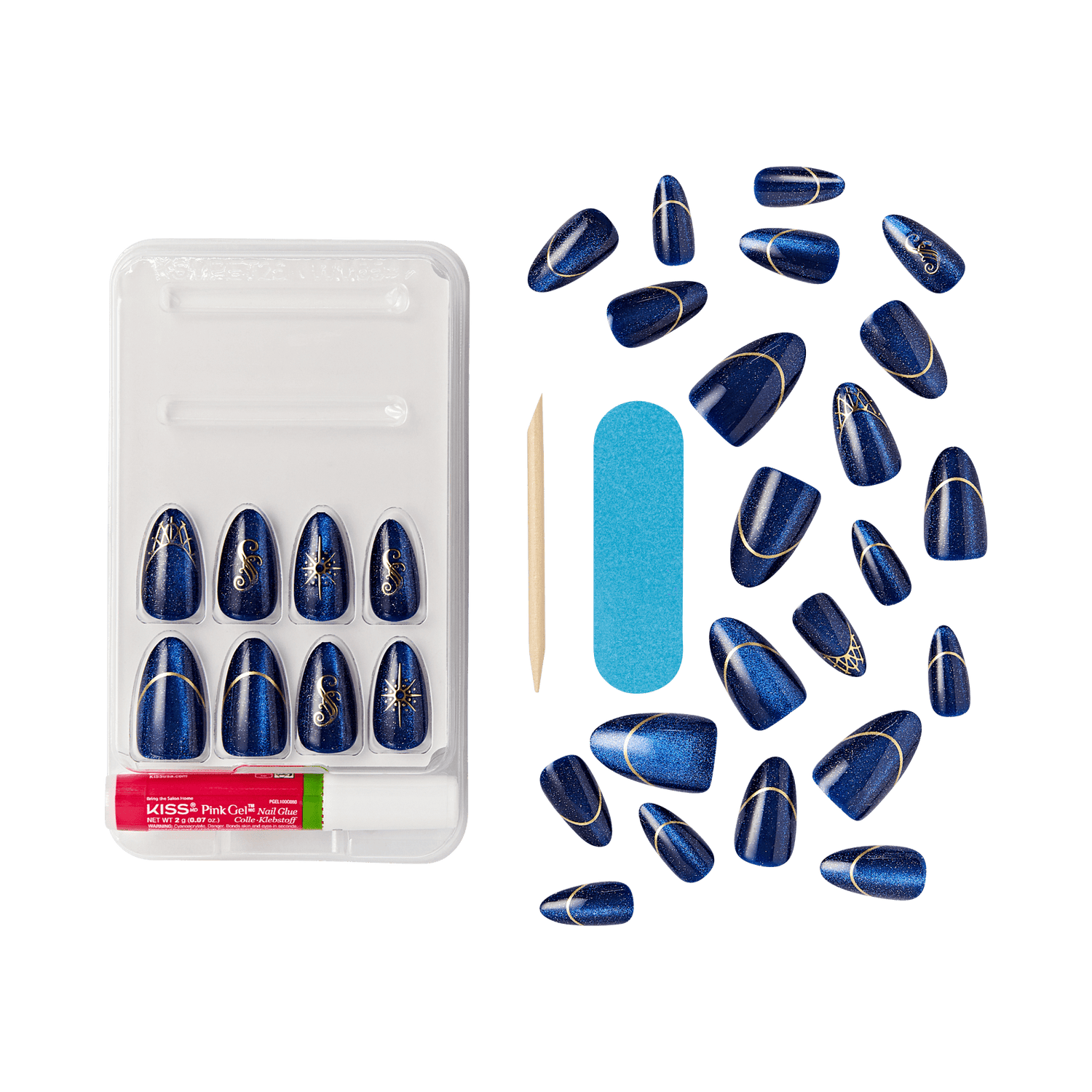 Set of blue glittery press-on nails with gold line and star designs, including a nail file, wooden cuticle stick, and KISS Pink Gel nail glue.