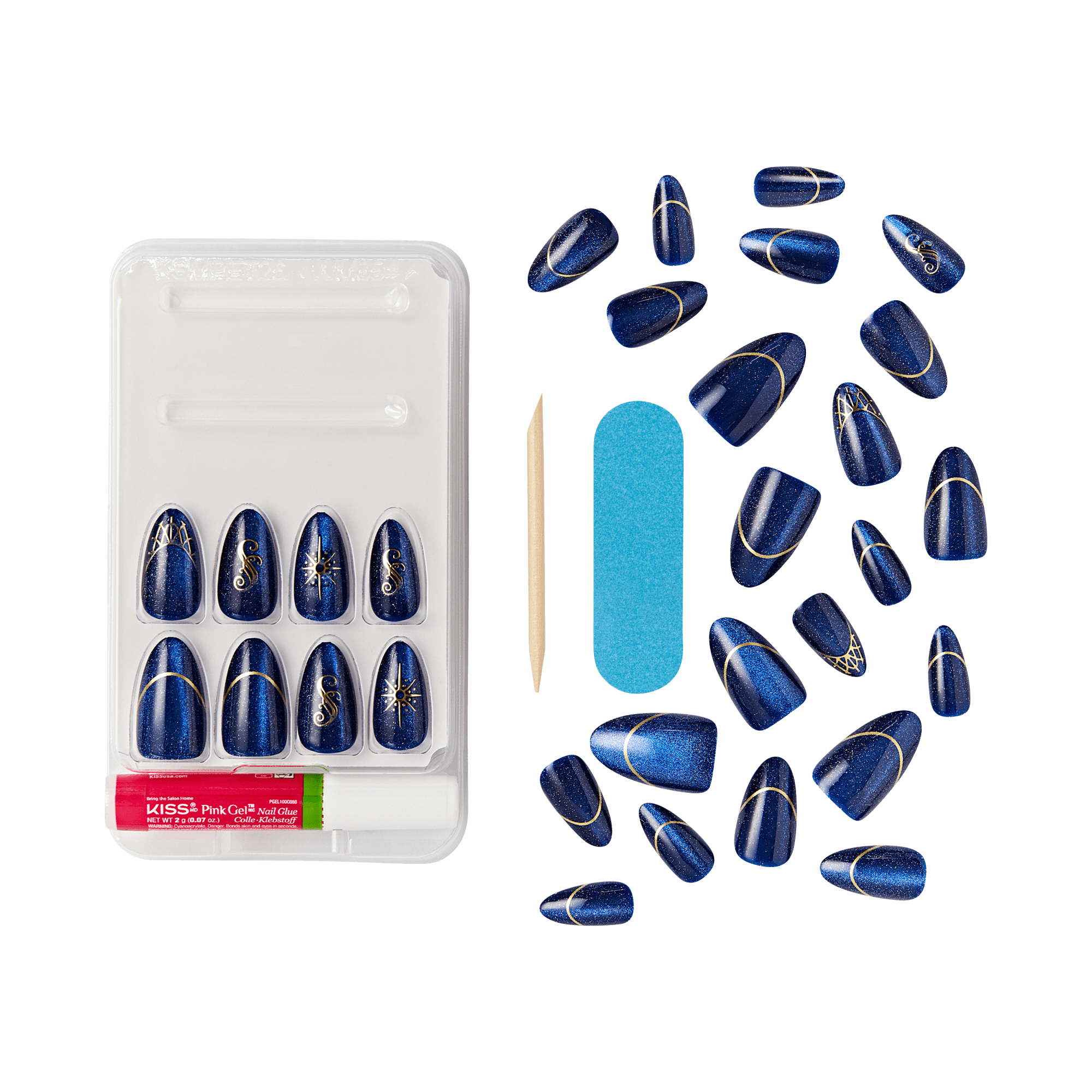 Set of blue glittery press-on nails with gold line and star designs, including a nail file, wooden cuticle stick, and KISS Pink Gel nail glue.