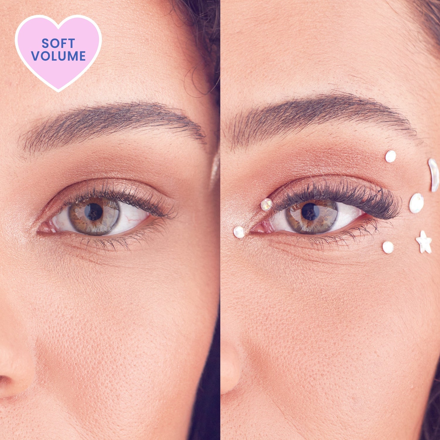 Before/after eye area showing soft volume application with product droplets demonstrated on right side.
