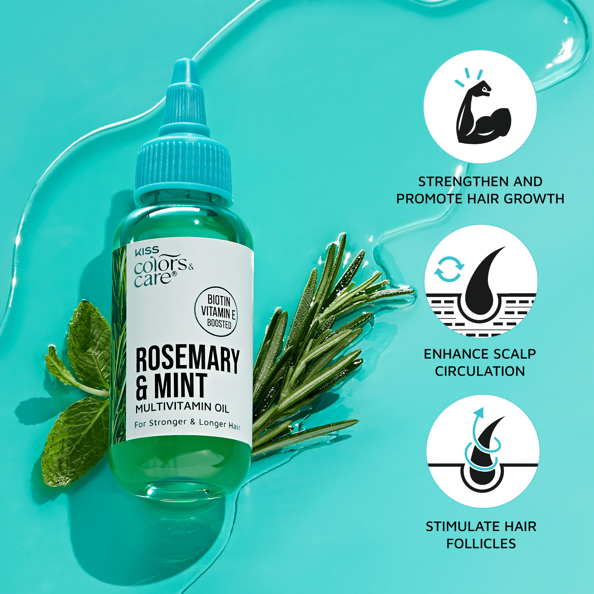 Green bottle of KISS Colors &amp; Care Rosemary &amp; Mint Multivitamin Oil with fresh rosemary and mint leaves on turquoise background.