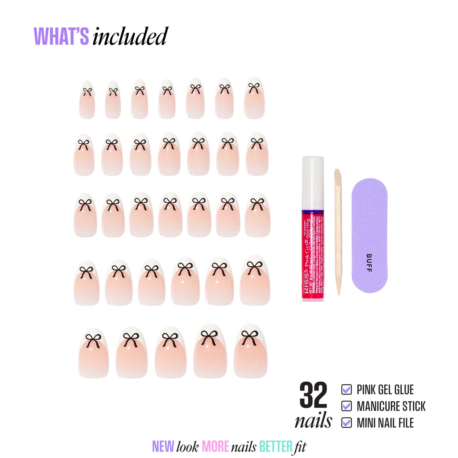 BUFF press-on nails kit: 32 nails with pink gel glue, manicure stick, and mini file.