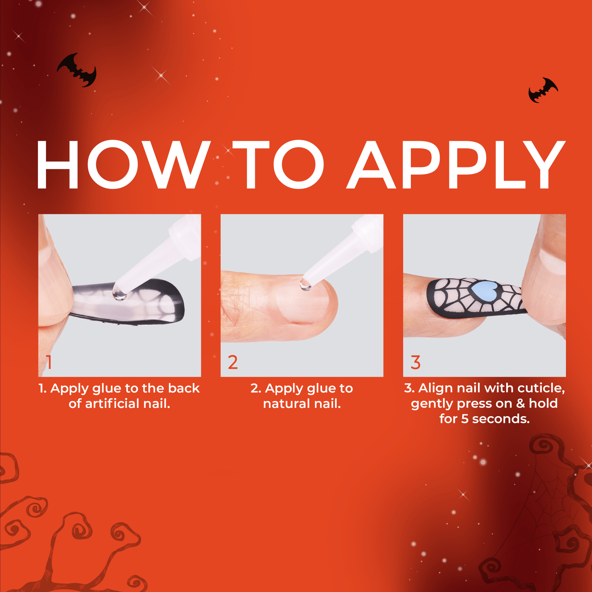 Bright orange background with three step-by-step close-up images showing how to apply press-on nails. Step 1: applying glue to the back of an artificial nail. Step 2: applying glue to a natural nail.