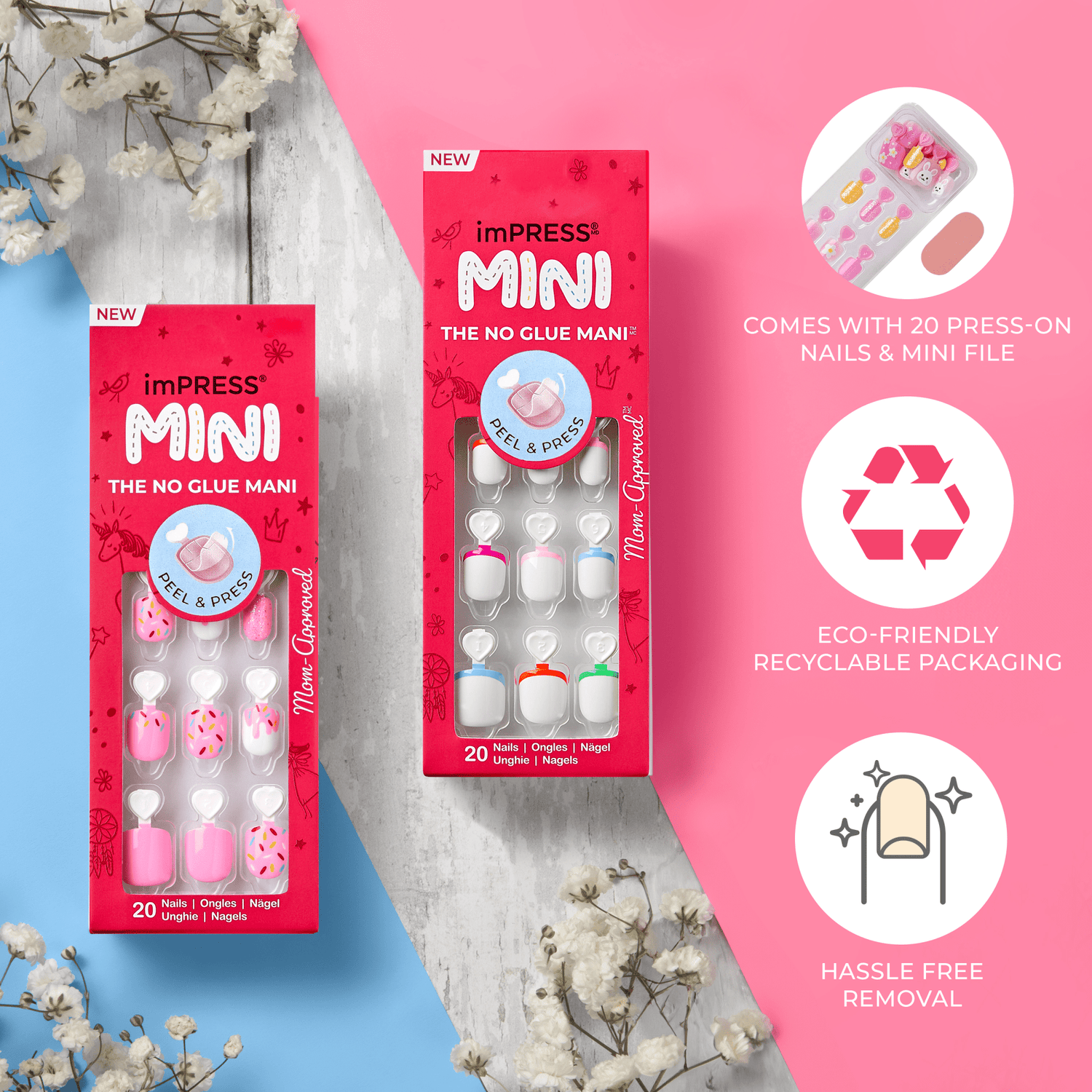 imPRESS MINI press-on nails with peel &amp; press application, 20 nails, eco-friendly packaging.