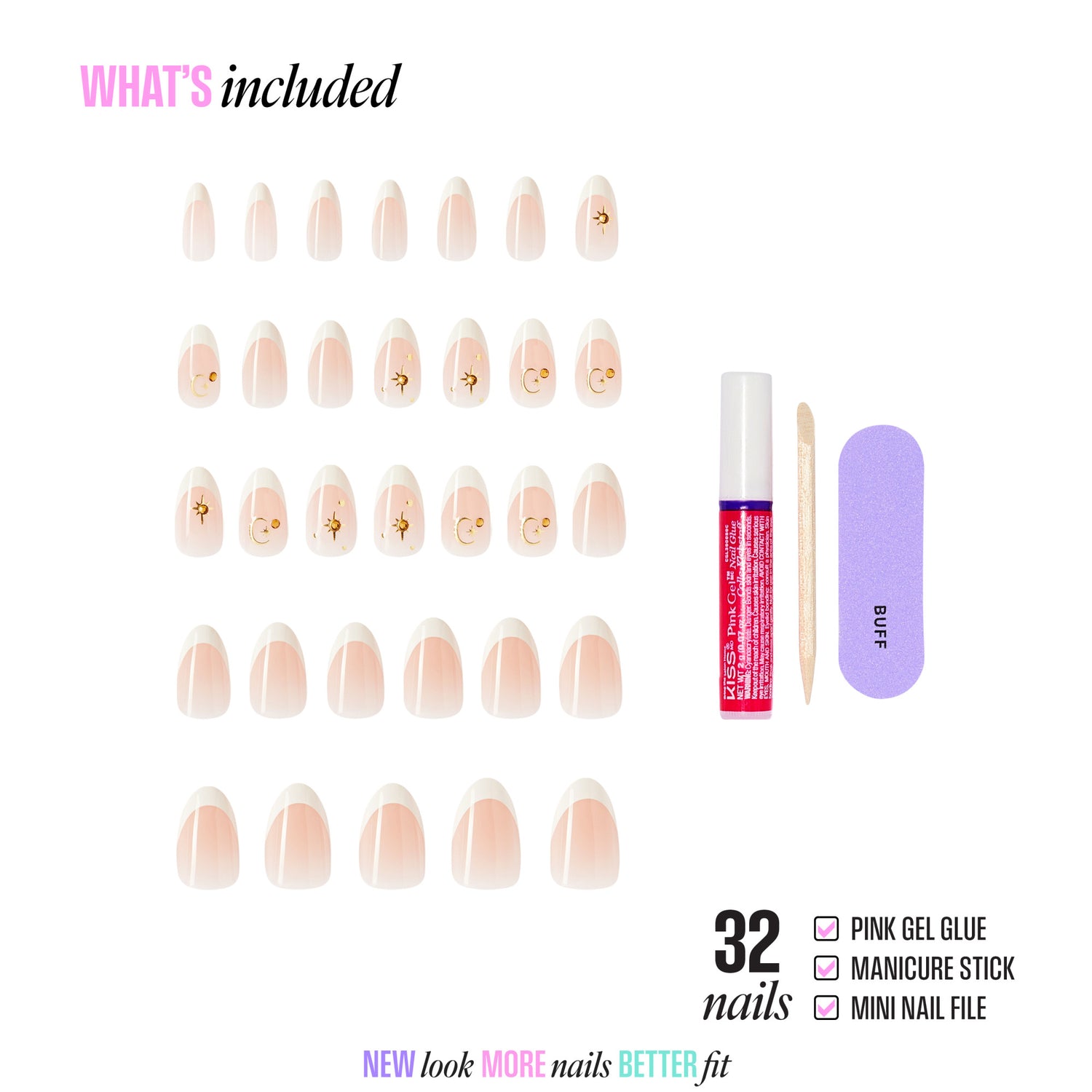 32 press-on nails with gold designs, pink gel glue, manicure stick, and mini file included.