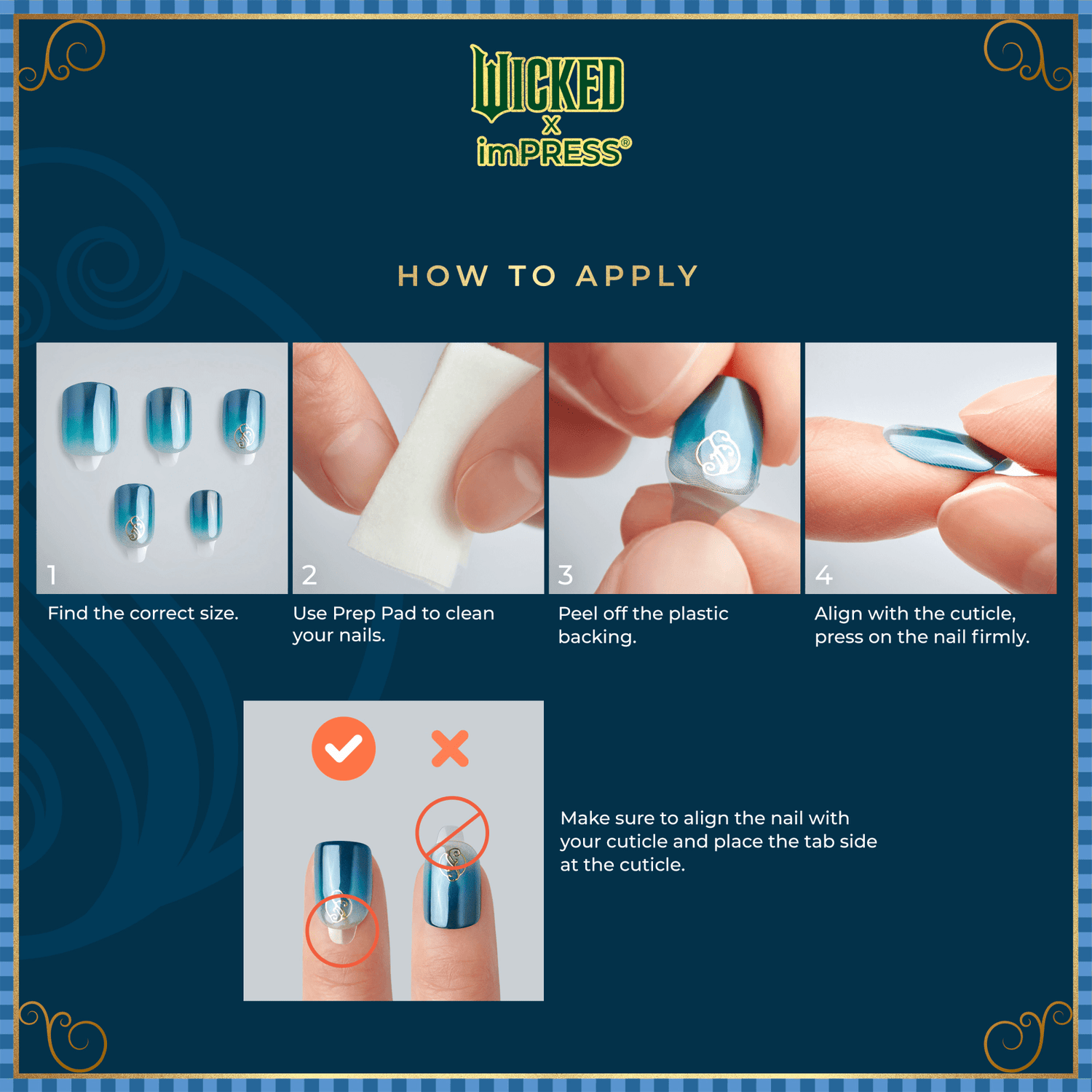 WICKED X imPRESS nail set with blue ombré press-on nails shown. Application steps: pick size, clean nails with prep pad, peel backing, align with cuticle and press firmly. Tips for proper alignment included.