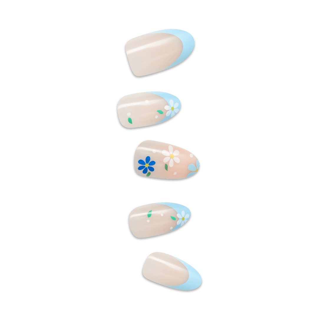 Five oval nail designs with cream base, blue accents, and floral decorations.