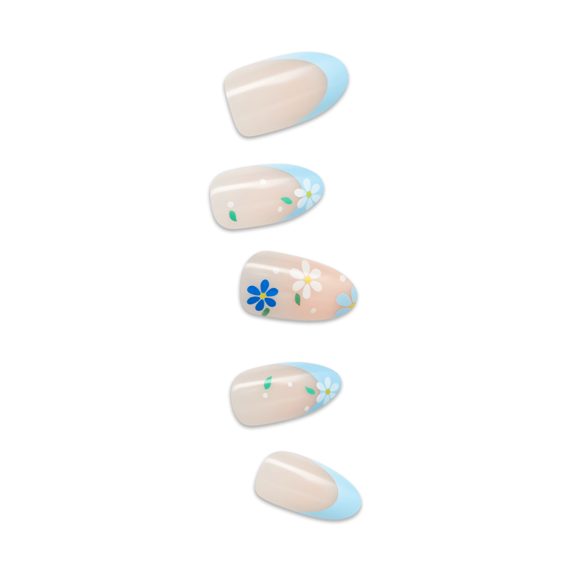 Five oval nail designs with cream base, blue accents, and floral decorations.