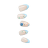 Five oval nail designs with cream base, blue accents, and floral decorations.