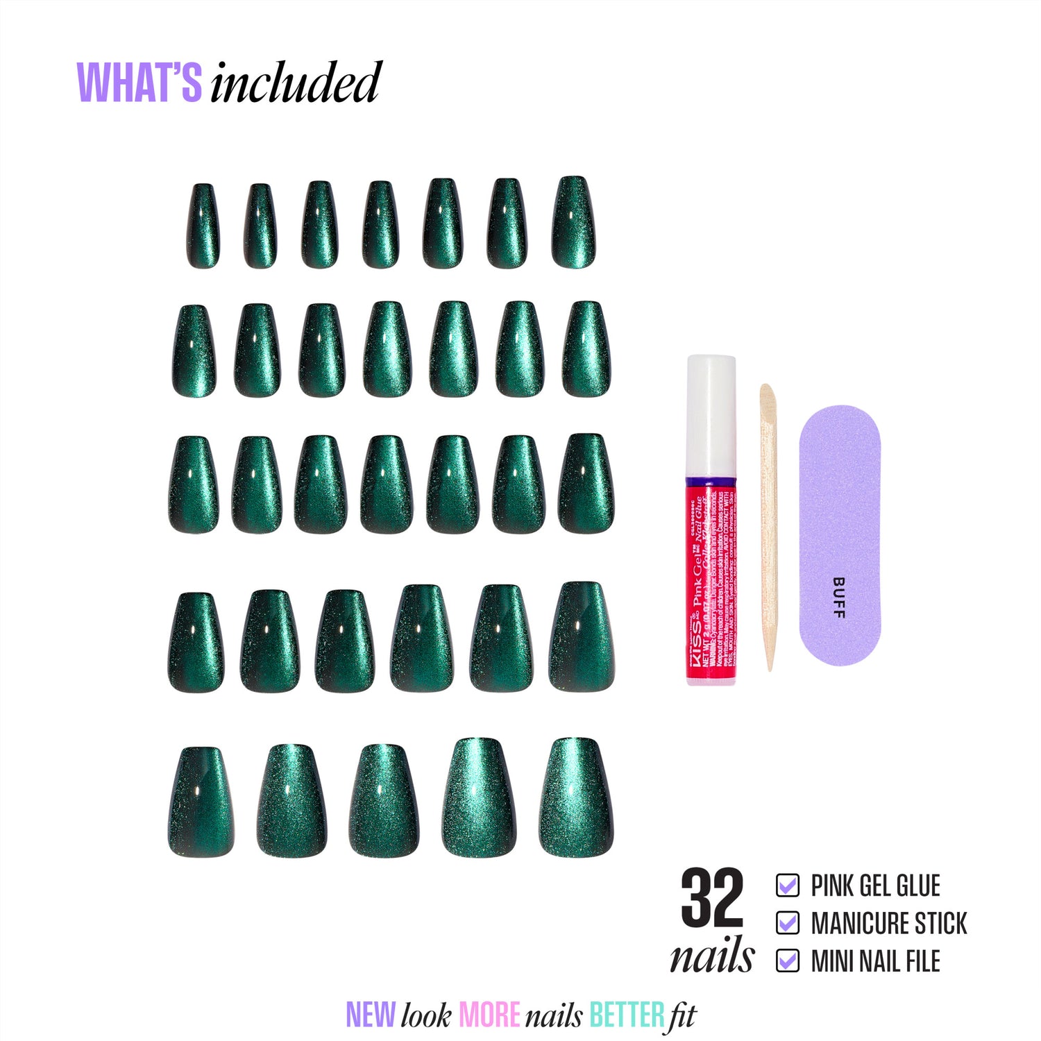 Green glitter press-on nails set with gel glue, manicure stick, and nail file.