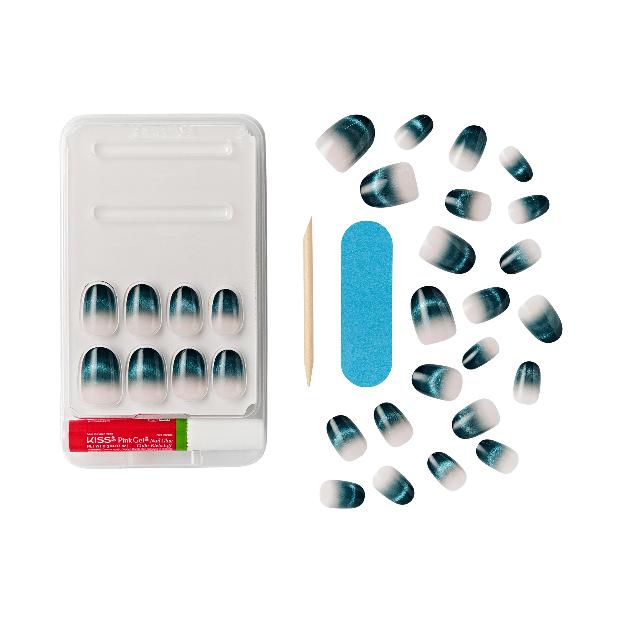 Tray of 10 black-to-white ombre press-on nails with additional 24 nails, red nail glue, wooden cuticle stick, and blue nail file.