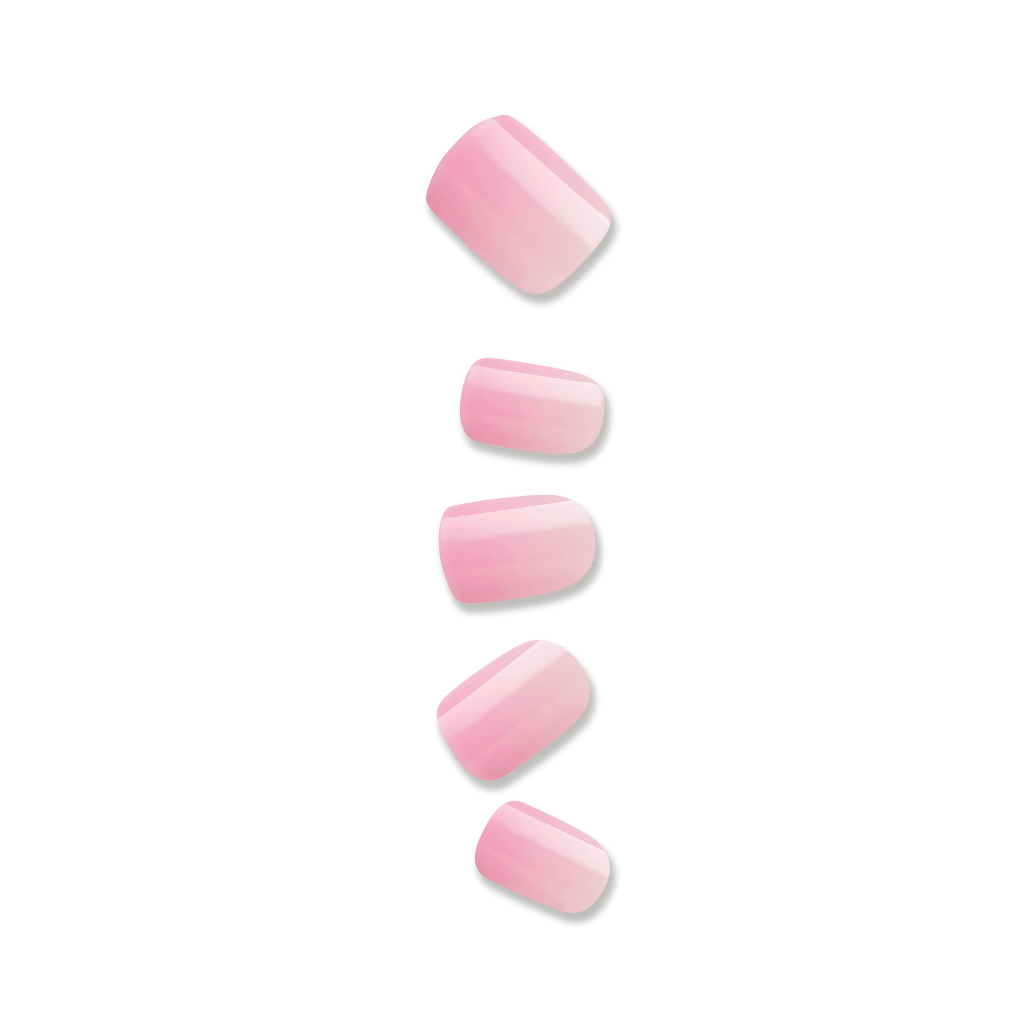 Set of five pink press-on nails in various sizes arranged vertically on a transparent background, showing a smooth glossy finish.