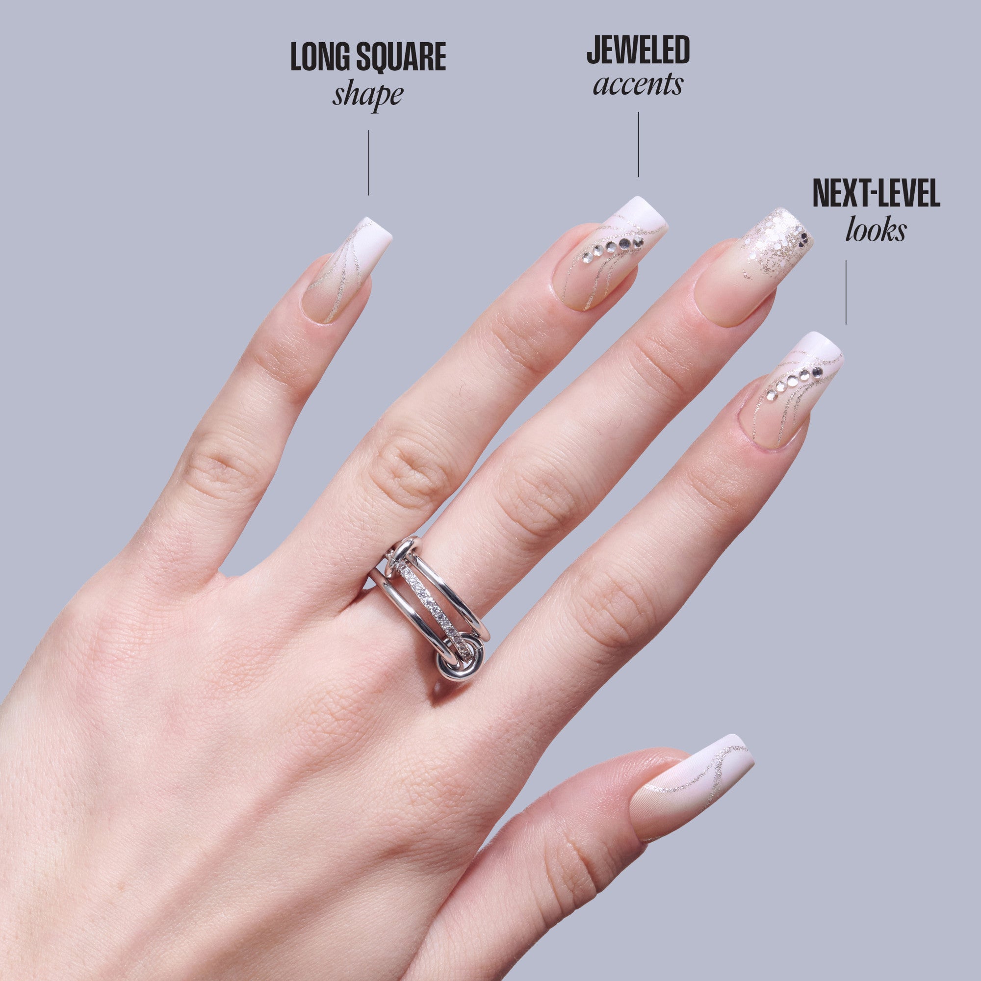 Four nail design variations: long square shape, jeweled accents, next-level looks on manicured hand with ring.