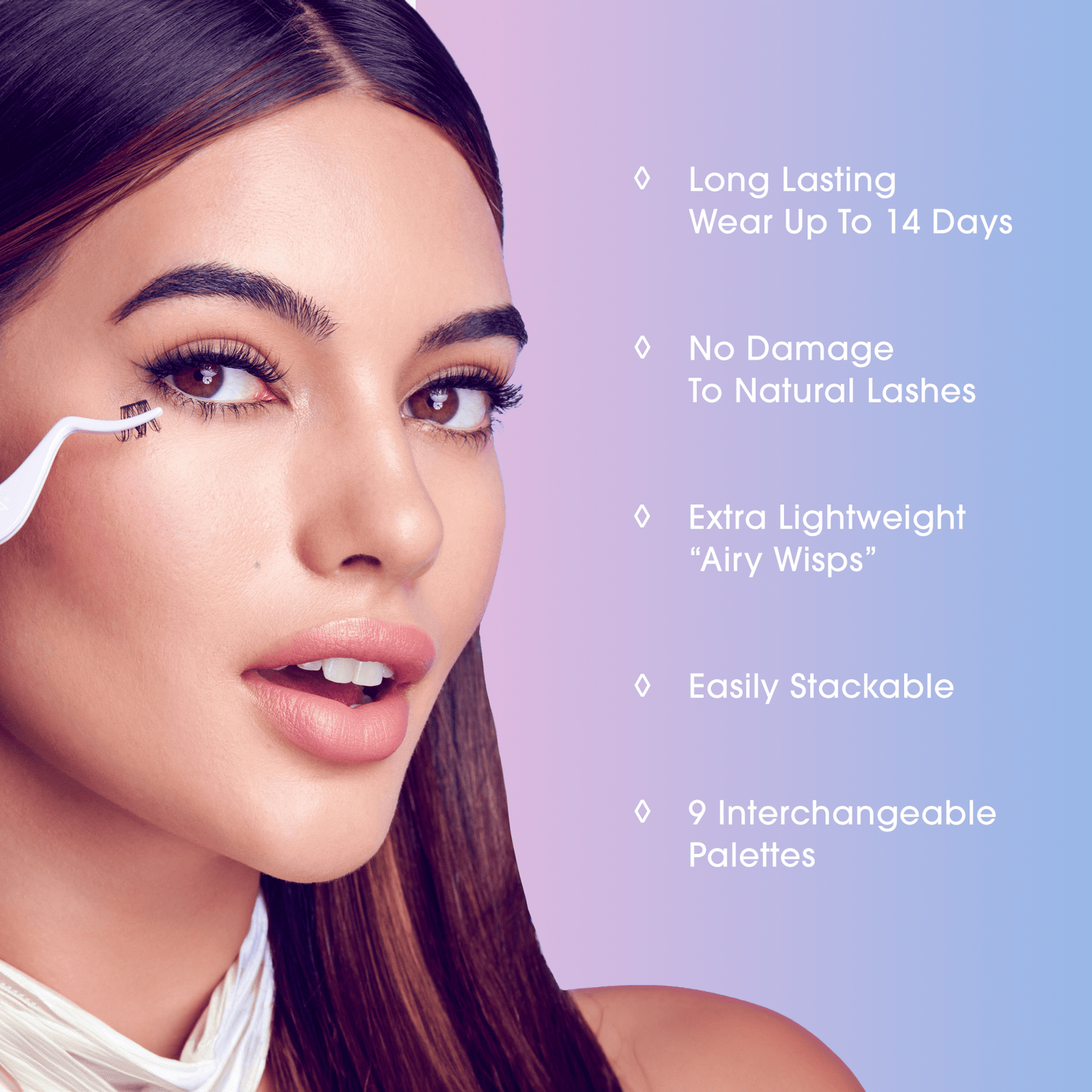 Close-up of a woman applying false eyelashes with tweezers, with text listing features: long-lasting wear up to 14 days, no damage to natural lashes, extra lightweight \