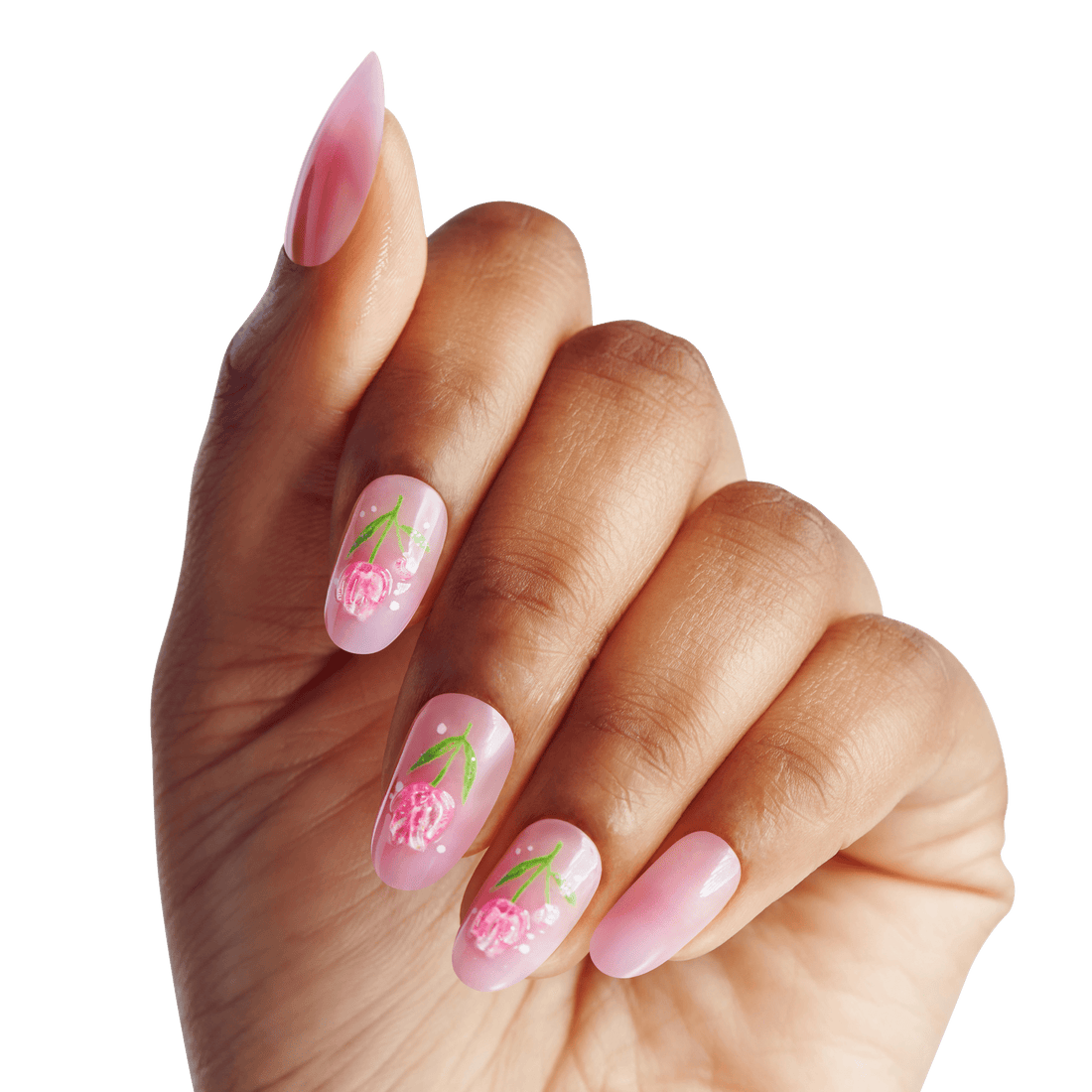 Hand with almond-shaped nails painted in soft pink gradient, featuring delicate hand-painted floral designs with green stems and pink blossoms on three nails.